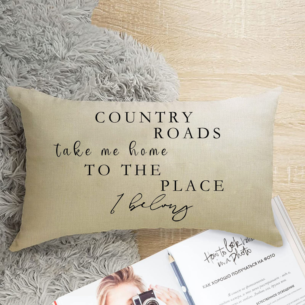 Ussap Lumbar Country Roads Take Me Home Christmas Rectangle Decorative Throw Pillow Cover, Rustic Quote Home Farmhouse Decoration, Housewarming Gift Cushion Case for Sofa Decor Cotton Linen 12 x 20 Ussap