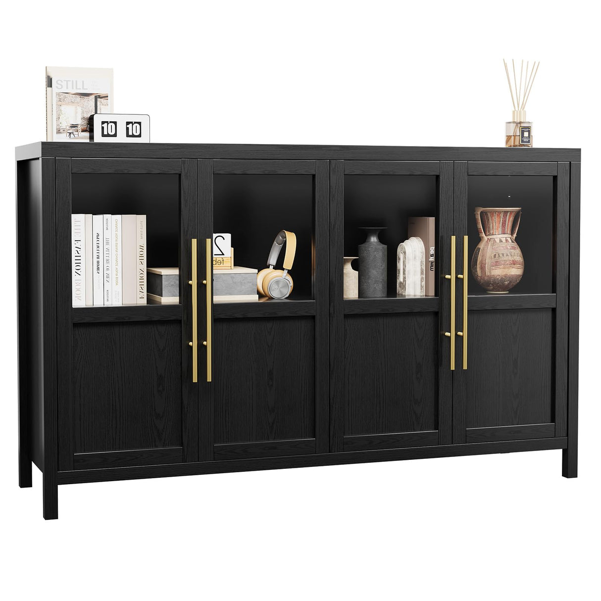 GarveeHome Sideboard Buffet Cabinet with 4 Glass Doors, 55" Large Buffet Cabinet with Storage, Modern Farmhouse Storage Cabinet Table for Kitchen Dining Room, Living Room(Glass with 4 Door, Black) GarveeHome
