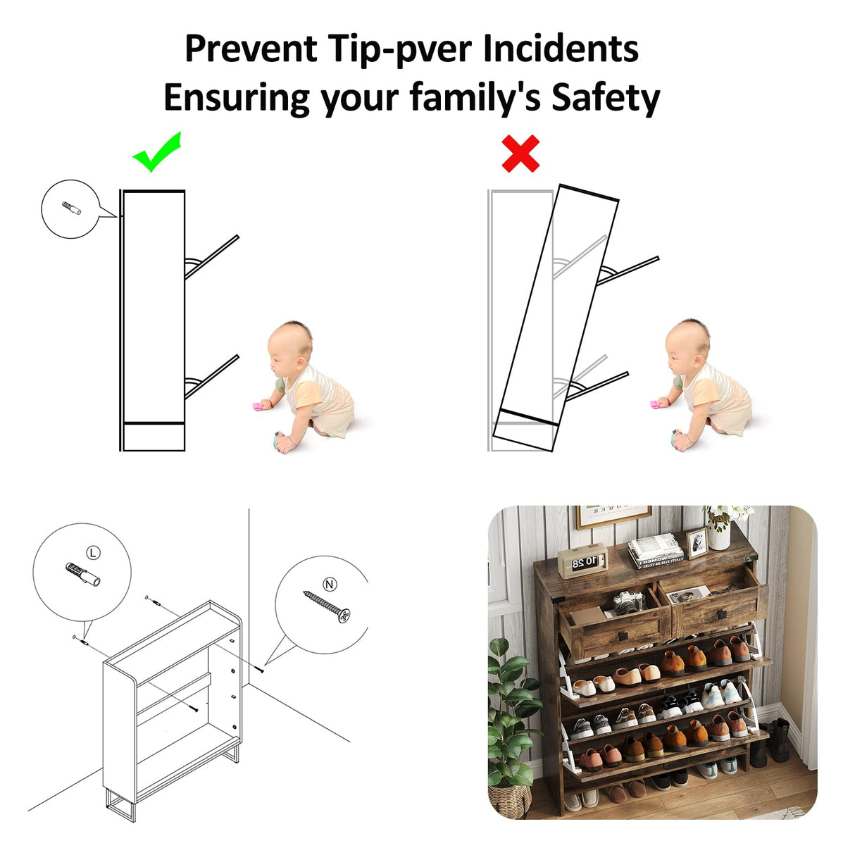 Halitaa Shoe Cabinet with 2 Flip Drawers & 2 Drawers,Farmhouse Shoe Storage Cabinet for Entryway,Slim Freestanding Narrow Organizer Rack for Front Door Entrance,Rustic Brown Halitaa