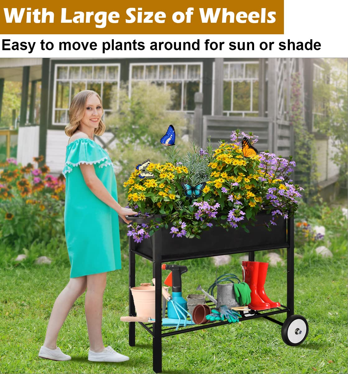 Koutemie Outdoor Raised Planter Bed Box with Legs for Gardening, Elevated DIY Garden Cart on Wheels for Vegetables Flower Tomato Herb Plant, Black Koutemie