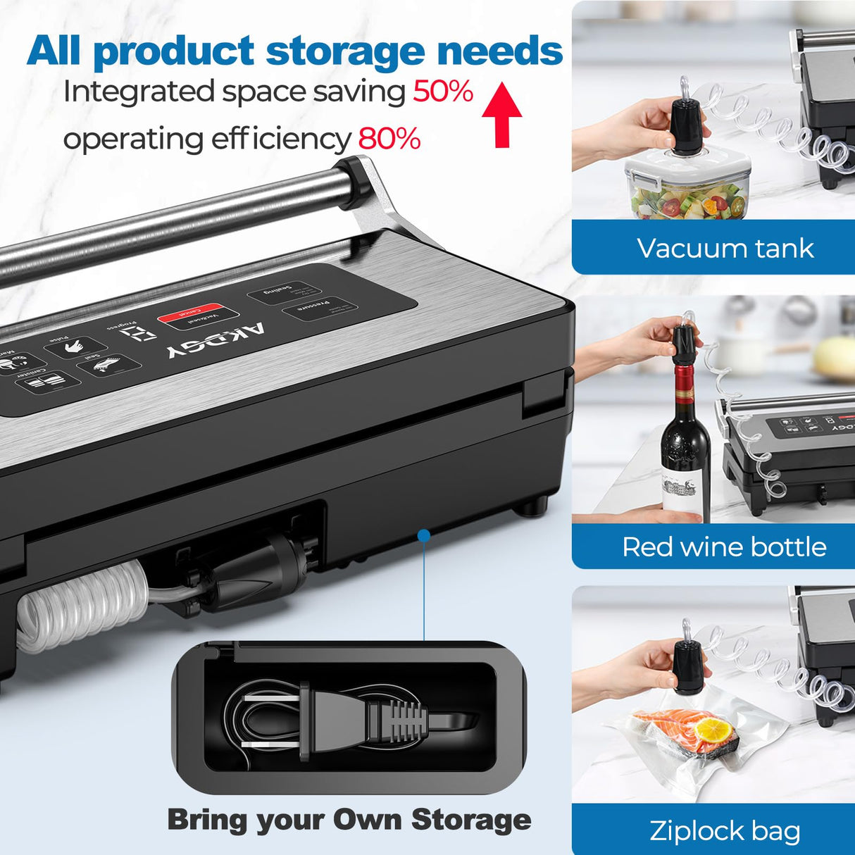 90Kpa Food Vacuum Sealer, Stainless Steel Vacuum Sealer Machine for Food with Double Heat Seal & Double Pump, Food Sealer Dry/Moist/Liquid Modes, Roll Storage and Cutter, Easy-Lock Handle and Clean AKDGY