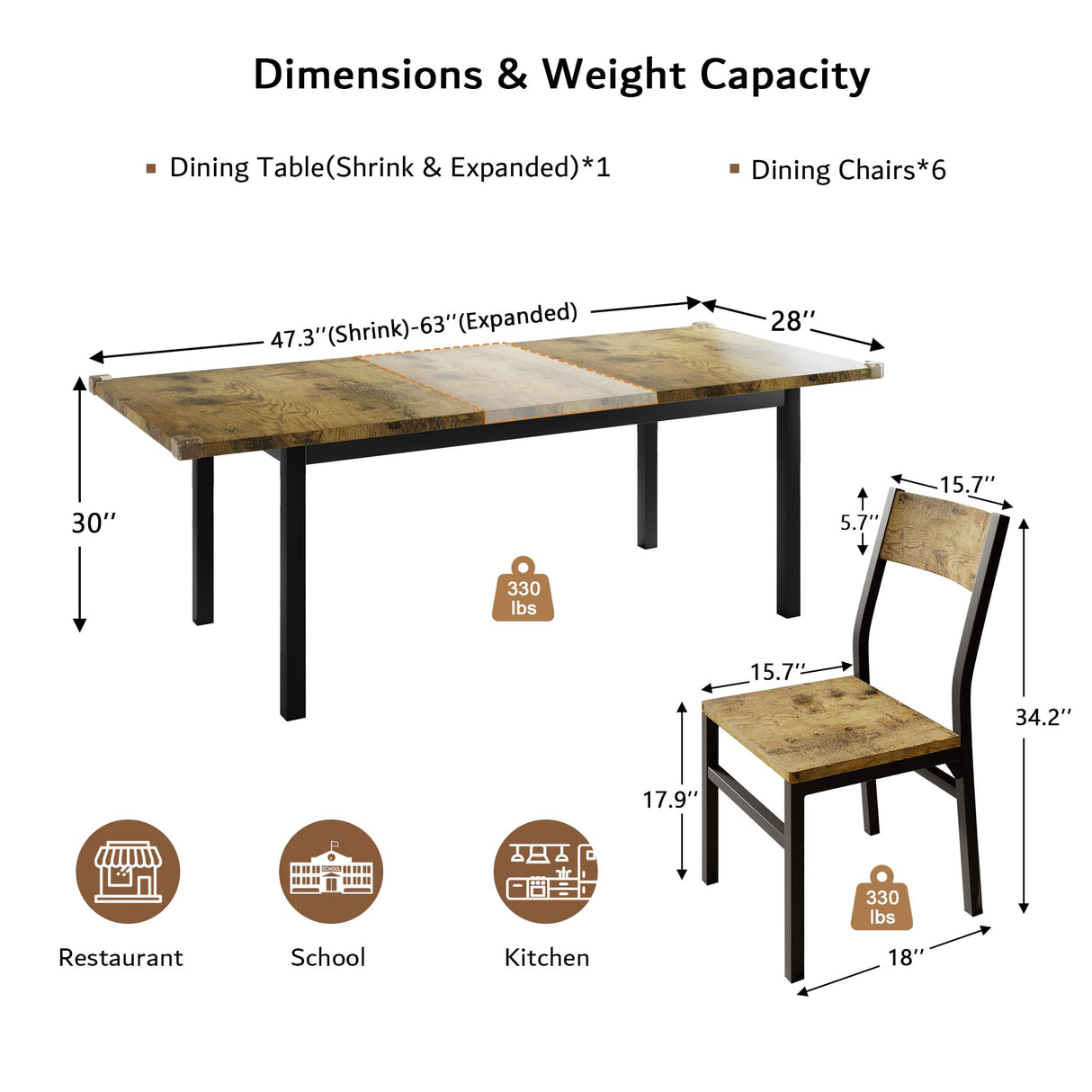 iPormis 7 Pieces Dining Table & Chairs Set for 4-8, 63" Extendable Kitchen Table and 6 Chairs, Dining Room Table with MDF Board & Metal Frame, Perfect for Small Space, Easy Clean, Rustic Brown iPormis
