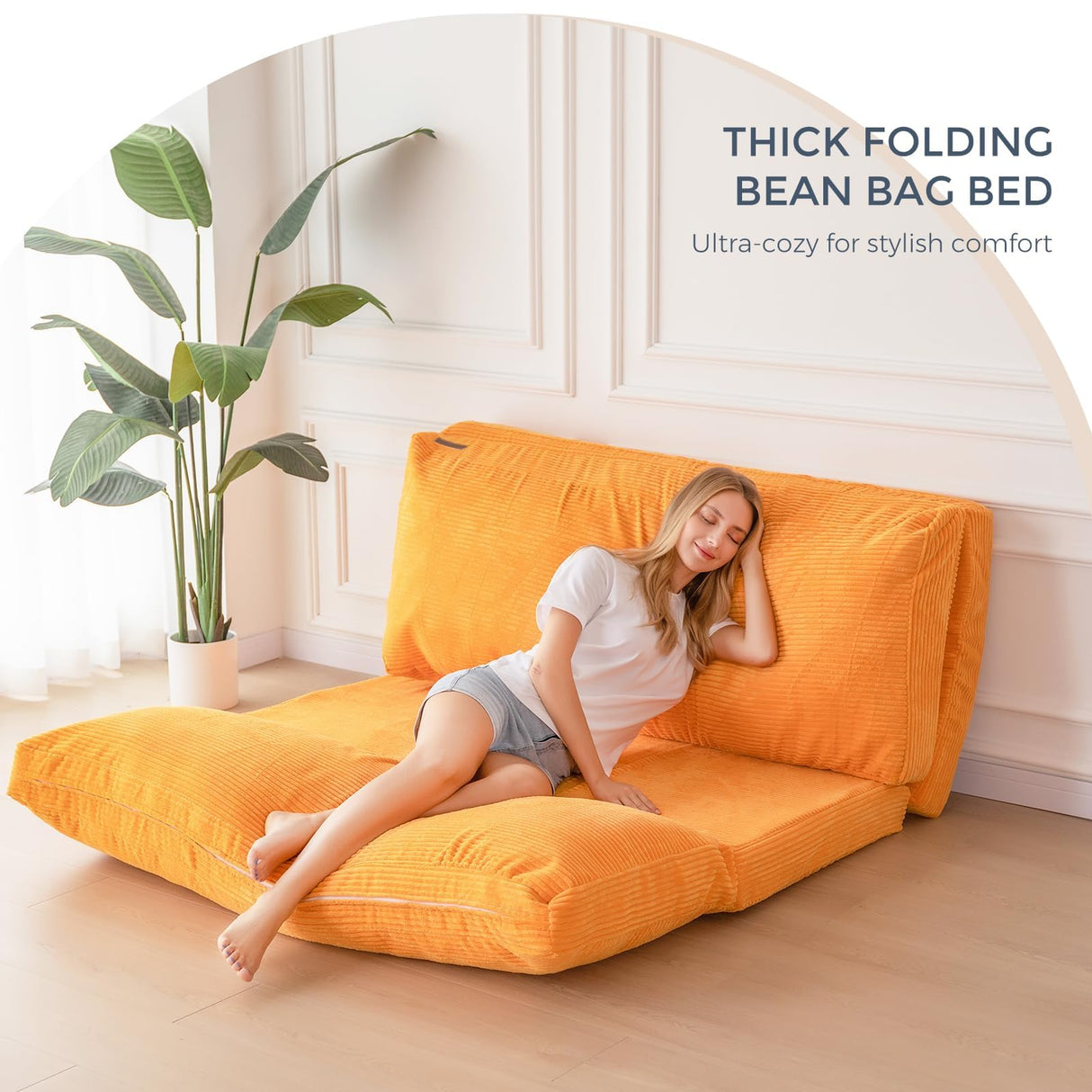 MAXYOYO Bean Bag Bed Folding Sofa Bed Floor Mattress for Adults, Extra Thick and Long Floor Sofa with Corded Washable Cover, Orange, 30x95 Inch MAXYOYO