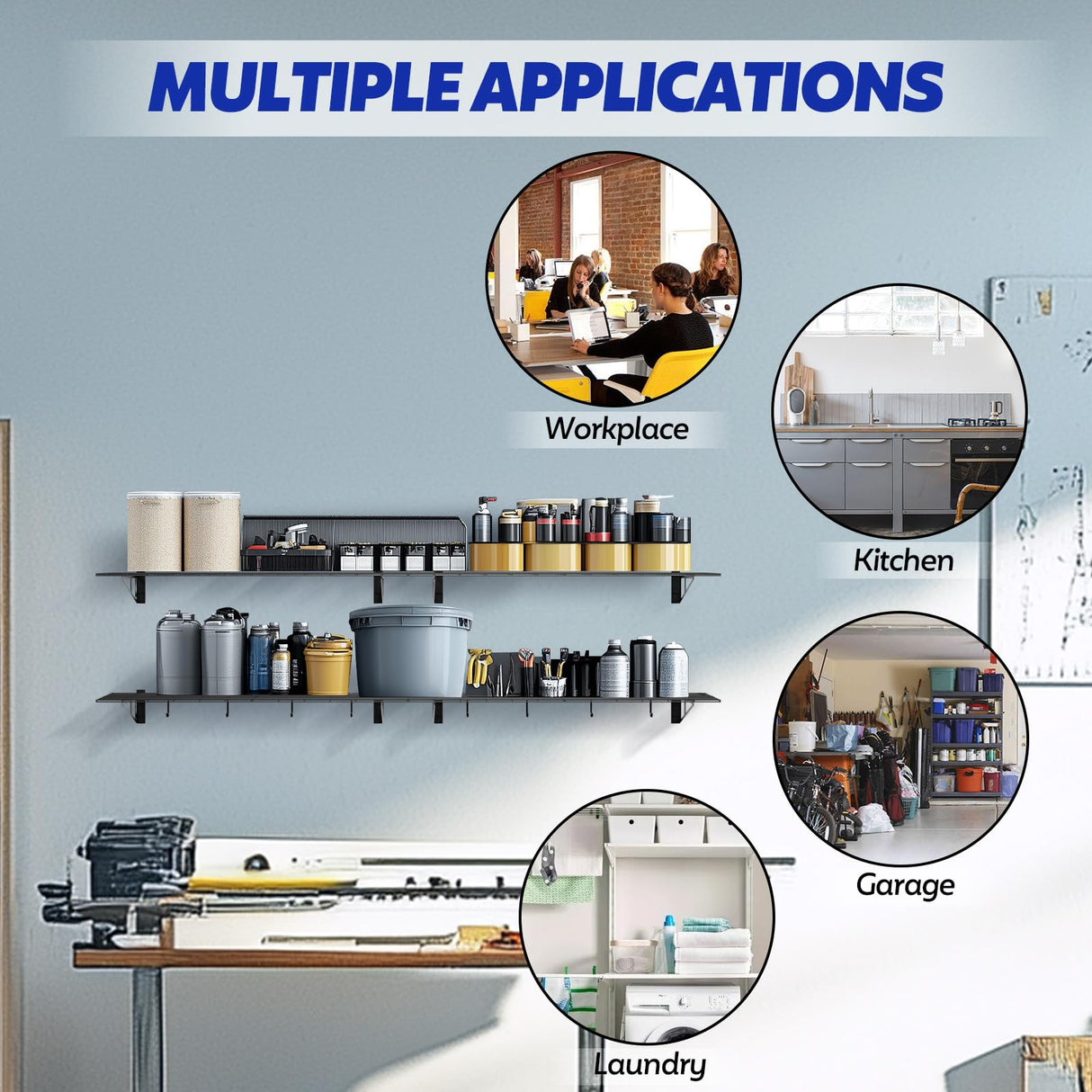 FAHKNS 2 x 6 ft Garage Wall Shelving, 2-Pack Garage Shelving Wall Mounted, 1200LBS Capacity Heavy Duty Metal Wire Shelves, Floating Long Shelf for Carport Shed Kitchen, Black FAHKNS