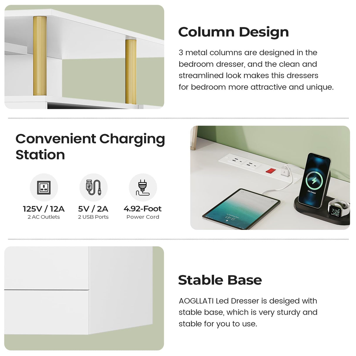 AOGLLATI White Dresser for Bedroom with Column Design, Charging Station, Modern 6 Drawer Wide Led Dresser for Bedroom,White AOGLLATI