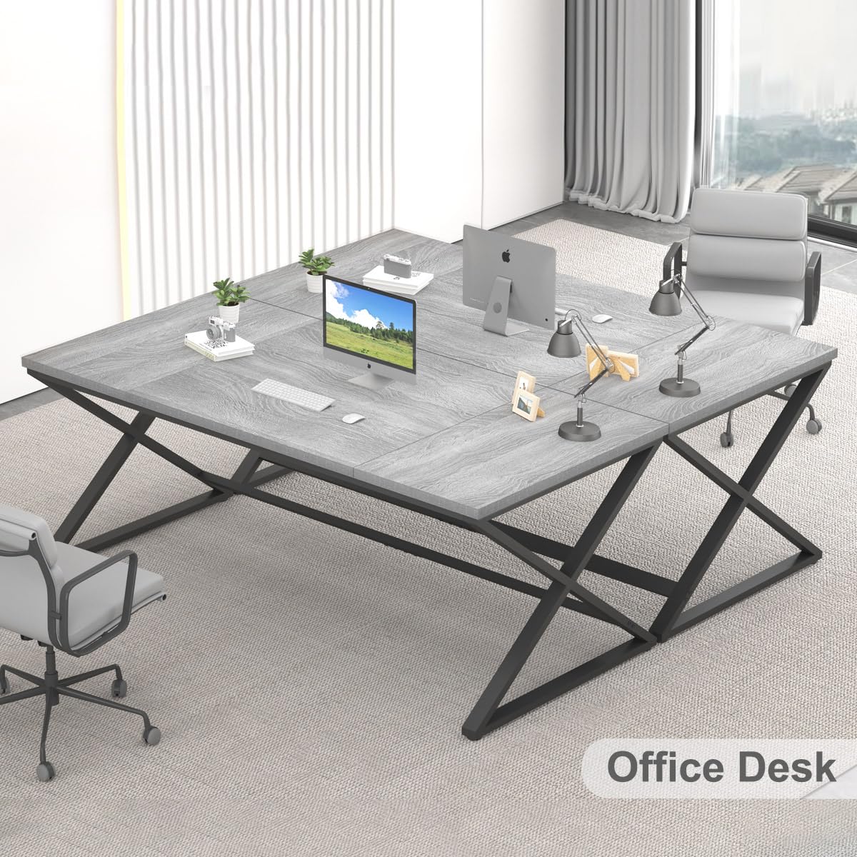 IBF Large Home Office Computer Desk, Industrial Long Work Study Writing Desk, Simple Executive Conference Table for 2 Person, Wood Metal Double Pc Gaming Workstation in Bedroom, Light Grey Oak, 70 in IBF