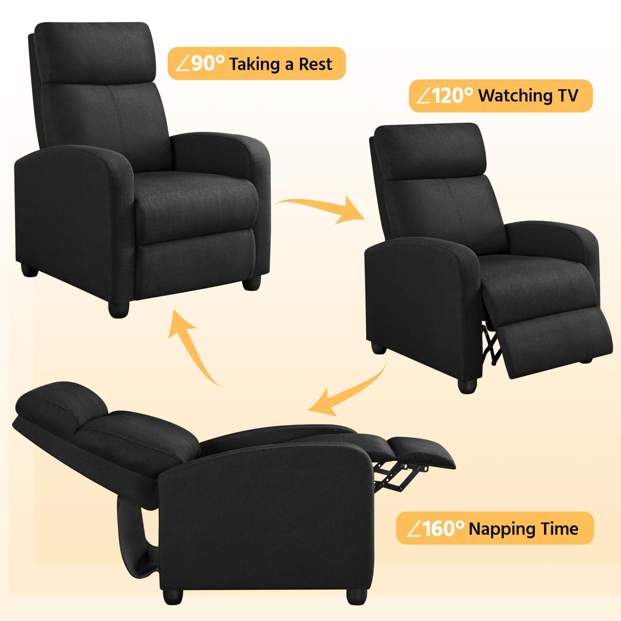 Yaheetech Fabric Recliner Chair Sofa Ergonomic Adjustable Single Sofa with Thicker Seat Cushion Modern Home Theater Seating for Living Room Matte Black Yaheetech