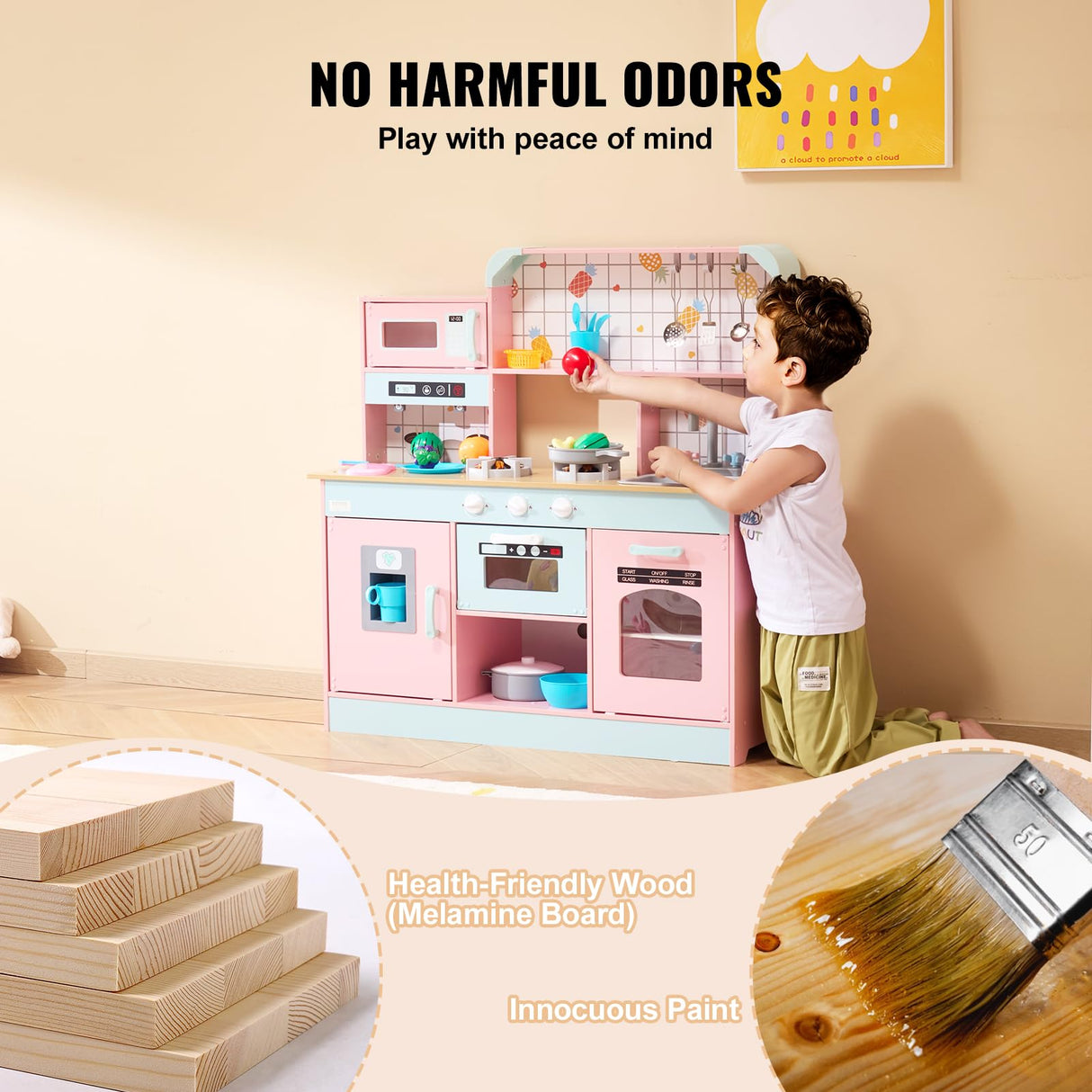 VEVOR Wooden Play Kitchen Toy, Play Kitchen for Kids with Lights and Sounds, Toddler Kitchen with Ice Maker, Oven, Sink, Microwaves, Fridge and Utensil and Fruit Accessory for Toddlers Ages 3-8, Pink VEVOR