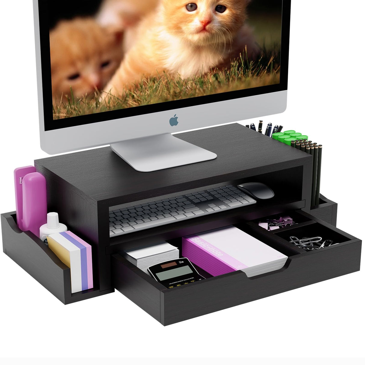 Simple Trending Monitor Stand Riser and Computer Wood Desk Organizer with Drawer and Pen Holder for Laptop, Computer, iMac, Black Simple Trending