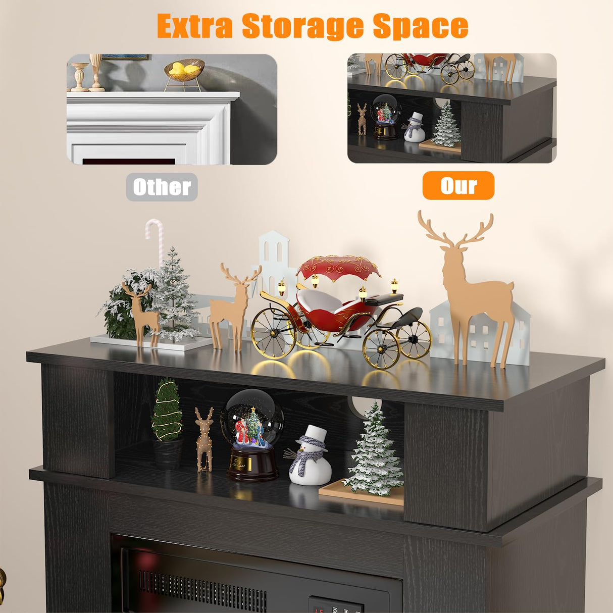 PRETZI 28" Electric Fireplace with Mantel, Small Fireplace tv Stand with 18" Fireplace Insert, 3D Realistic Flame, Portable Freestanding Fireplace with a Shelf for Living Room, Remote Control, Black PRETZI