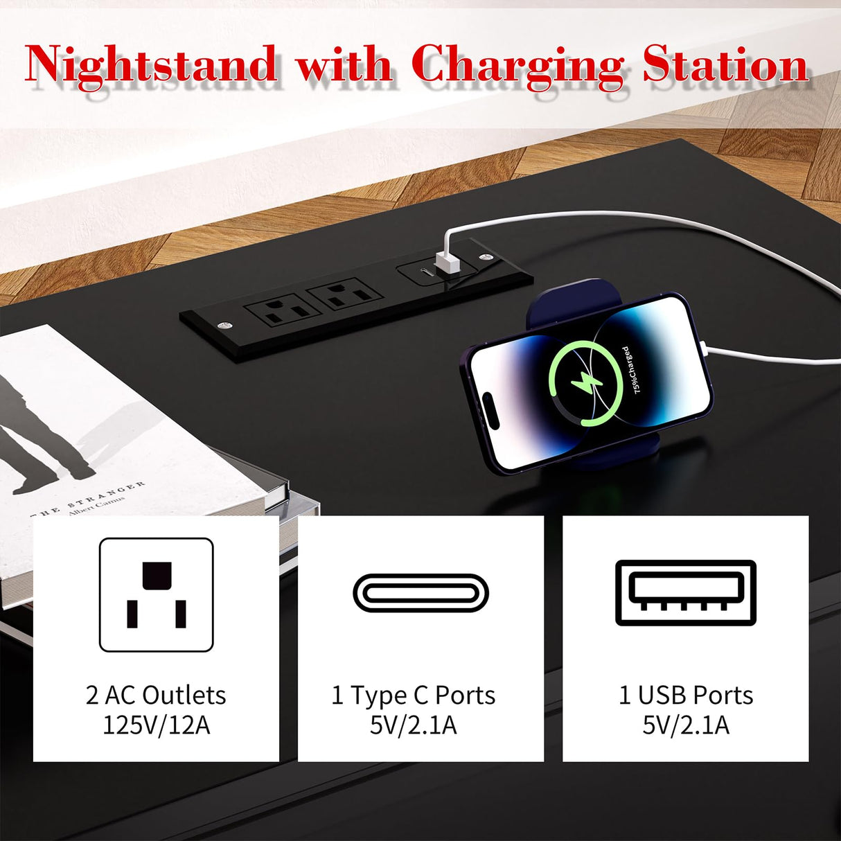 COWMOU 27.6 Inch Wide Nightstand Set of 2 with Charging Station, 3 Drawers Nightstand for Bedroom, Wooden Black Large Bedside End Table for Living Room, Bedroom, Study, Office COWMOU