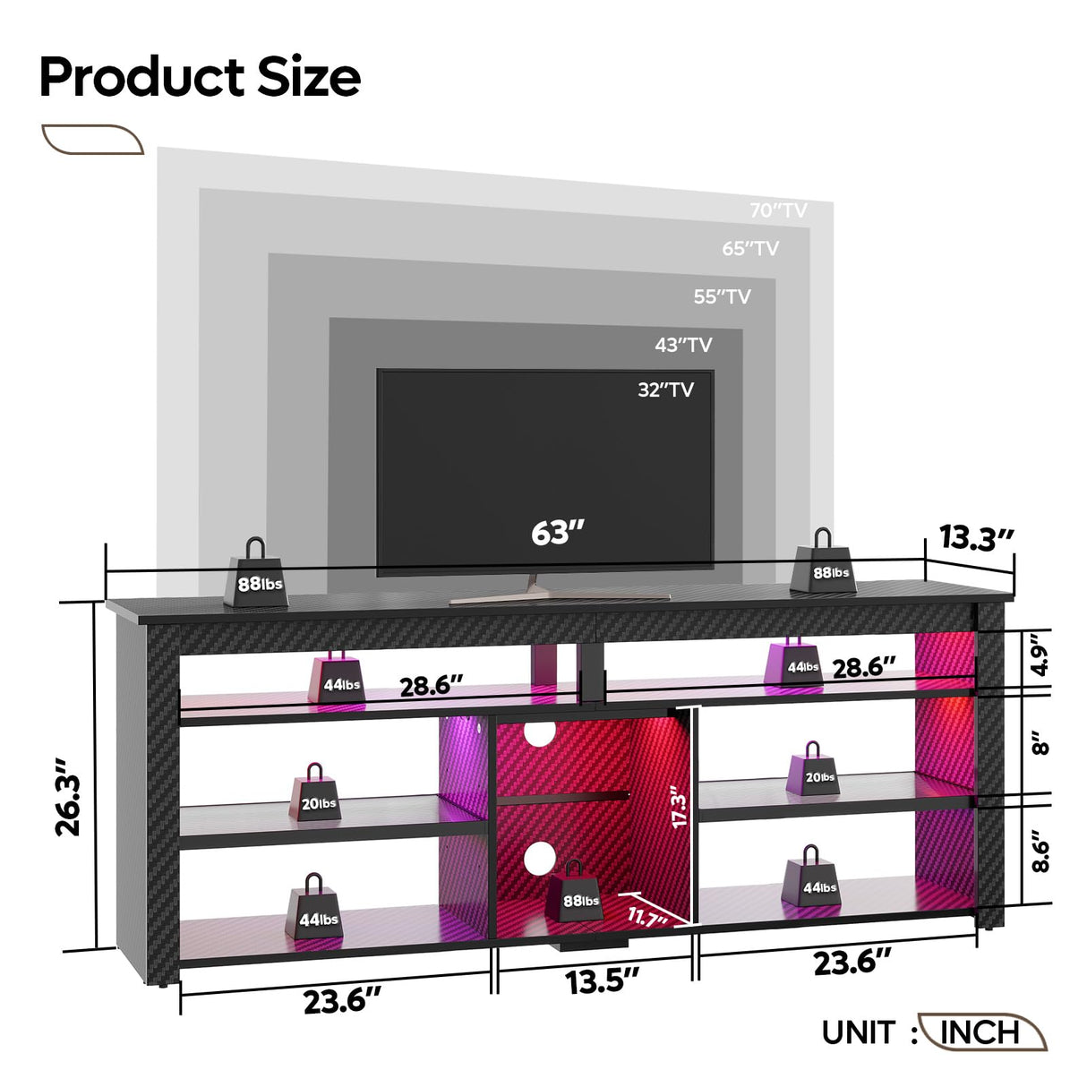 Bestier TV Stand for 70 inch TV, Tall Entertainment Center with 2 Led Lights, Gaming TV Console with Storage for PS5, Modern TV Cabinet for Bedroom, Living Room, Black Carbon Fiber Bestier