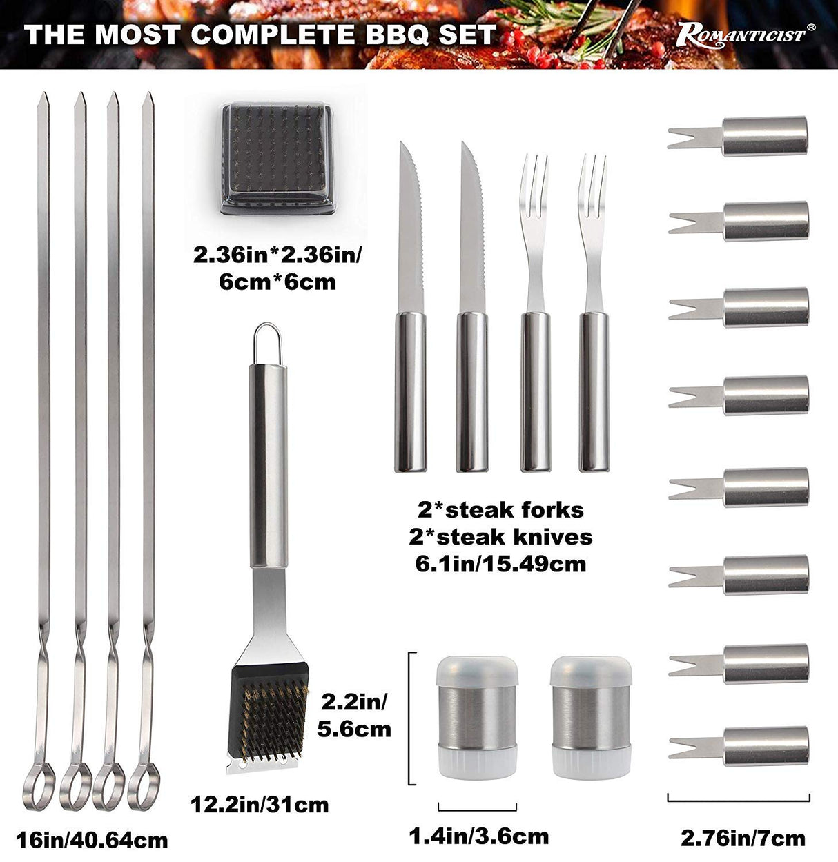 ROMANTICIST 28pc BBQ Accessories Set with Thermometer - The Very Best Grill Gift on Birthday Wedding - Heavy Duty Stainless Steel Grill Set in Case for Outdoor Cooking Camping Grilling Smoking ROMANTICIST