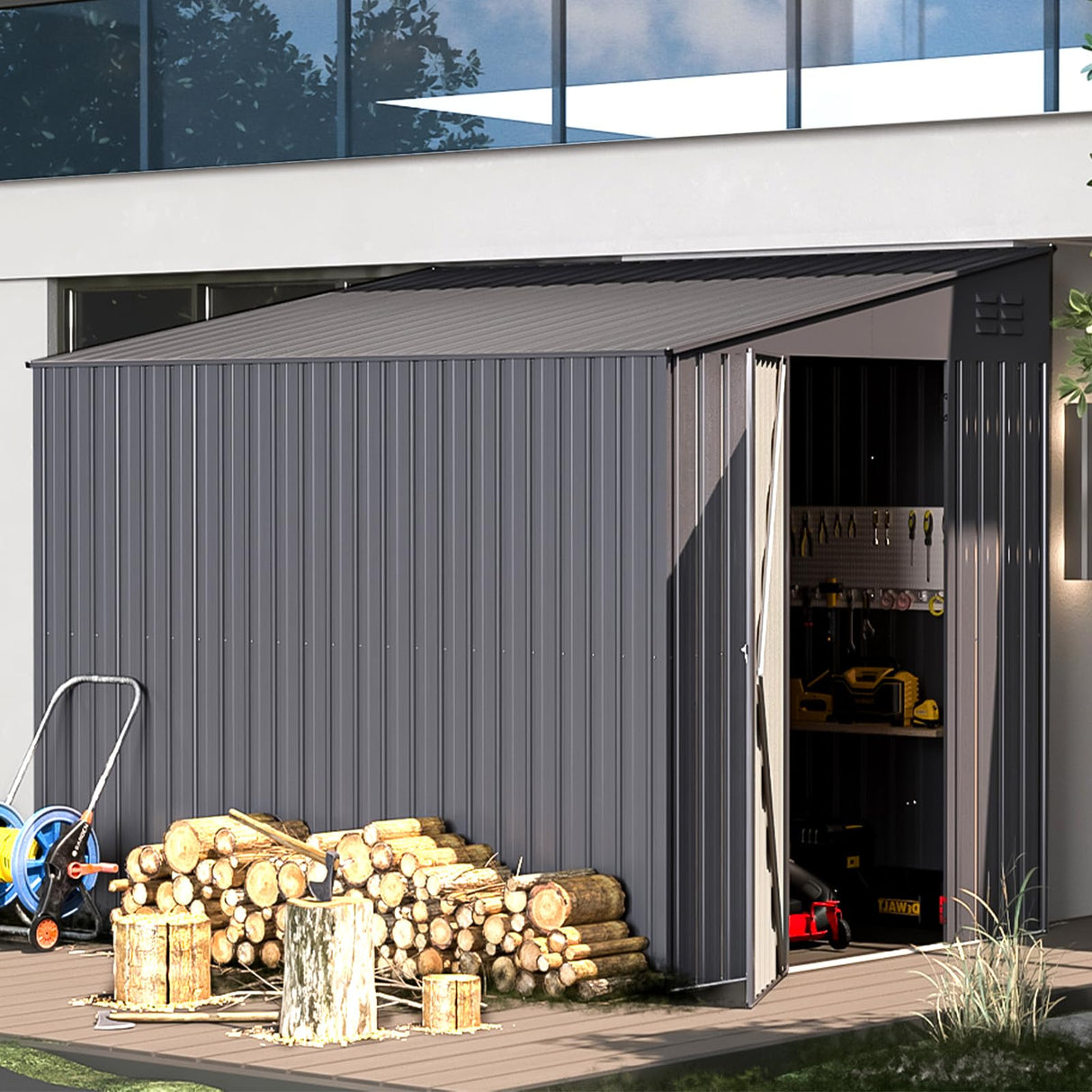 AECOJOY Shed Lean to Storage Shed, Outdoor 6' x 8' Metal Wall Side Bike Shed & Outdoor Storage, Garden Storage Cabinet for Backyard, Patio and Outdoor Use in Dark Grey AECOJOY