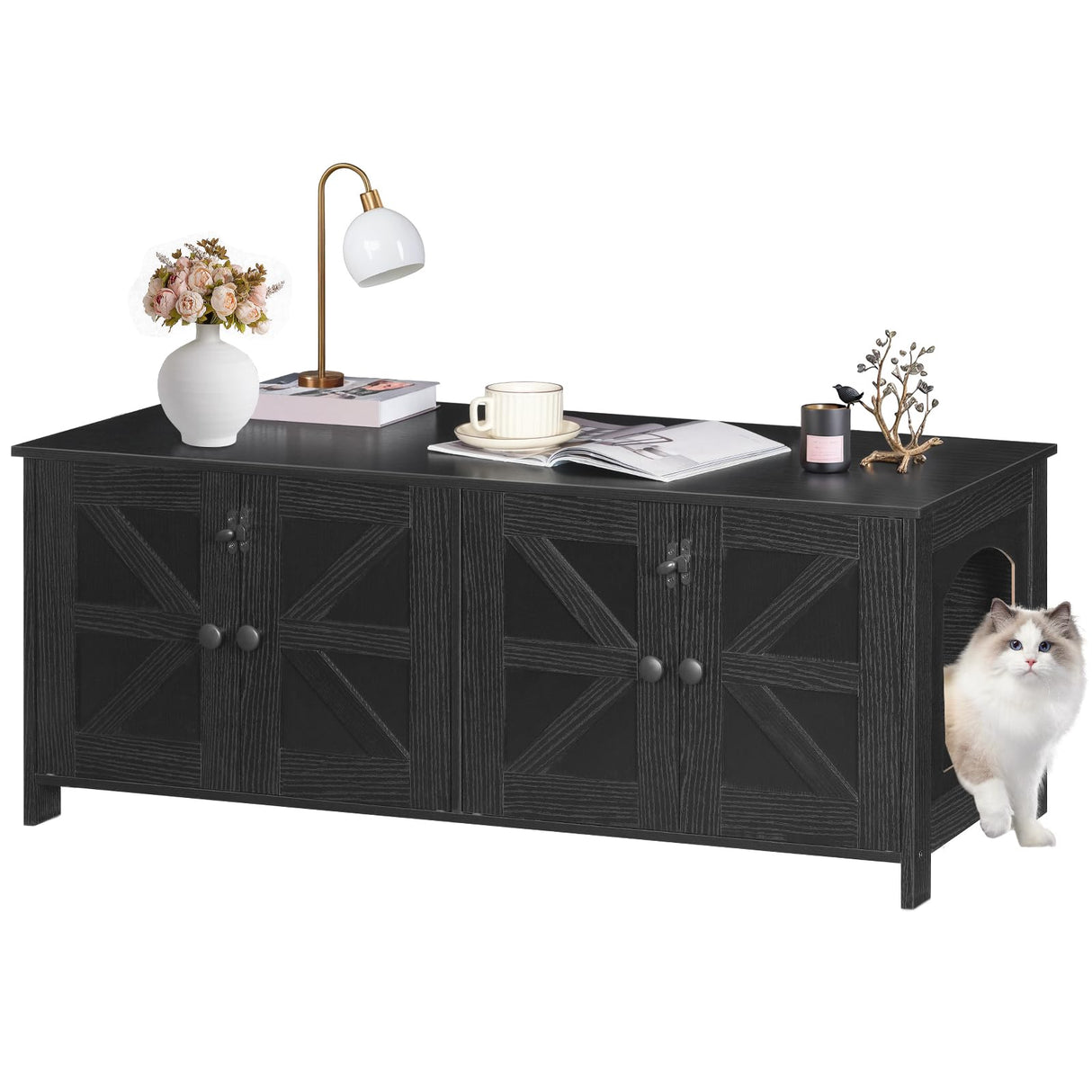 HOOBRO Cat Litter Box Enclosure for 2 Cats, Hidden Litter Box Furniture, 47.2 x 17.7 x 19.7 Inches, Wooden TV Stand with Dual Room, Large Cat House for 2 Cats, Black BK32MW01G1 HOOBRO