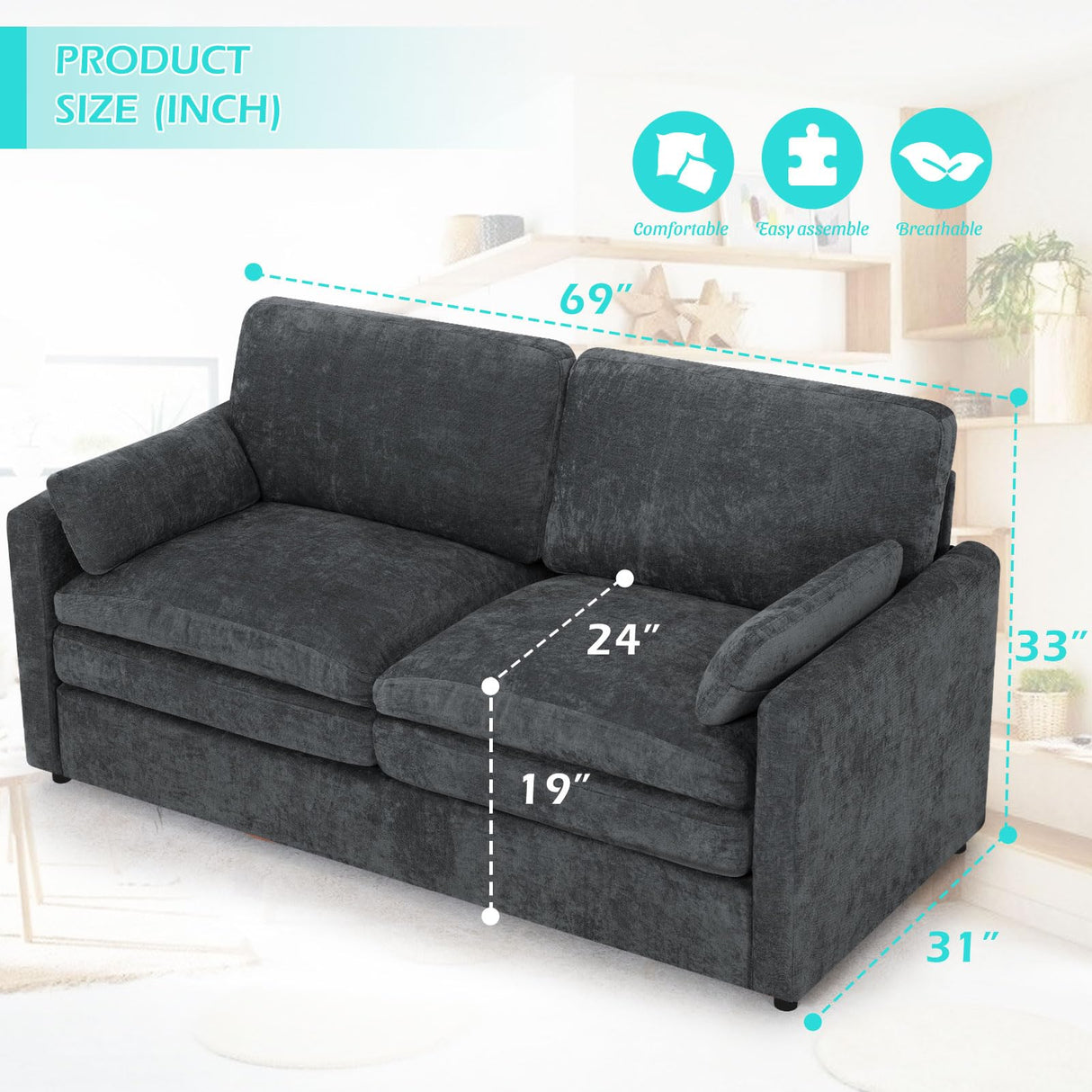 ACMEASE 69” Chenille Loveseat Sofa w/Arm Pillows, Upholstered 2-Seater Sofa w/Comfortable Back Cushions, Modern 2 Seats Couch w/High-Density Foam for Living Room, Apartment, Office, Grey ACMEASE