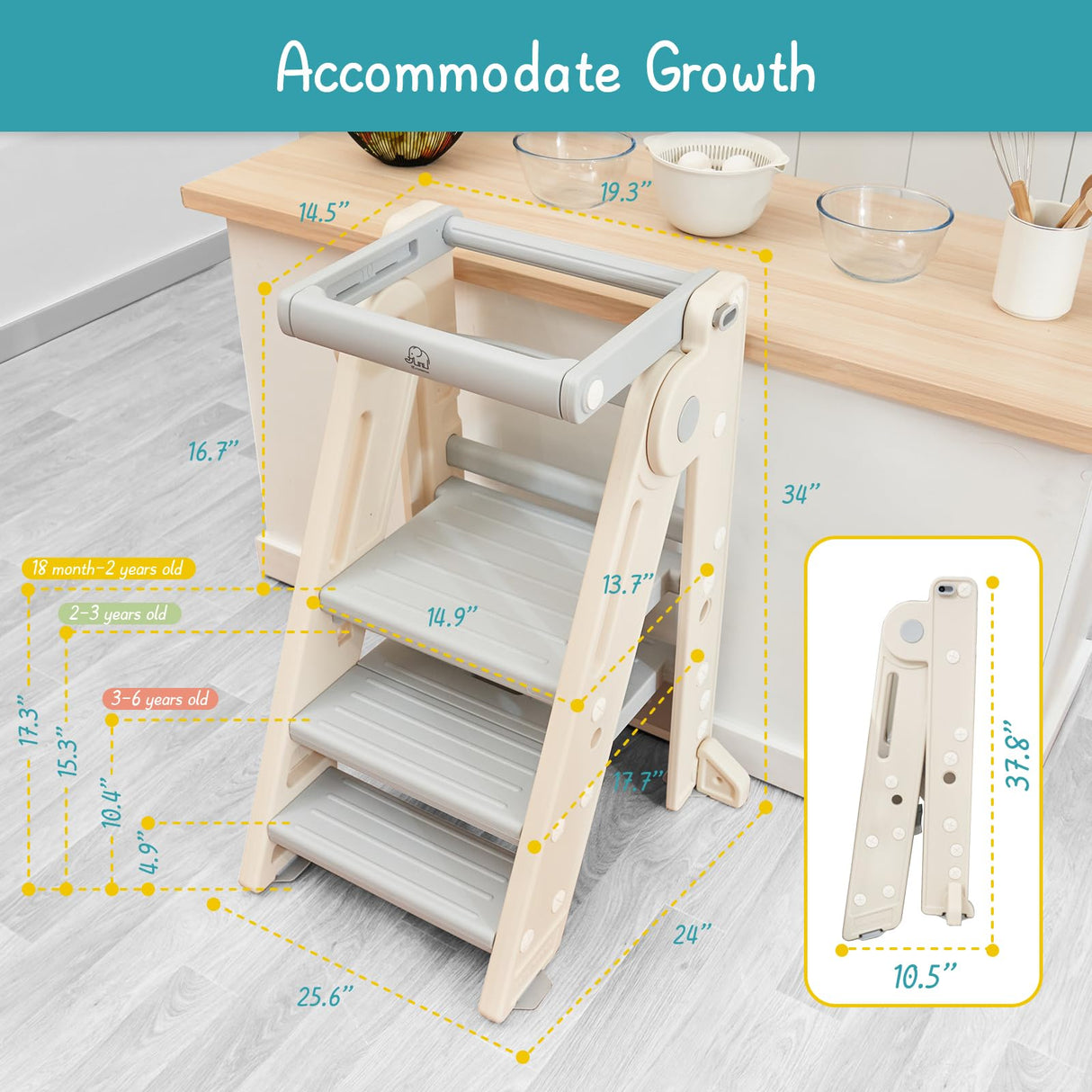 Forbena Foldable Toddler Tower Kitchen Learning Stool Helper, Montessori Kids Standing Tower for Counter, Collapsible Adjustable Baby Child Step Stool with Safety Net for Bathroom Sink (Grey) Forbena