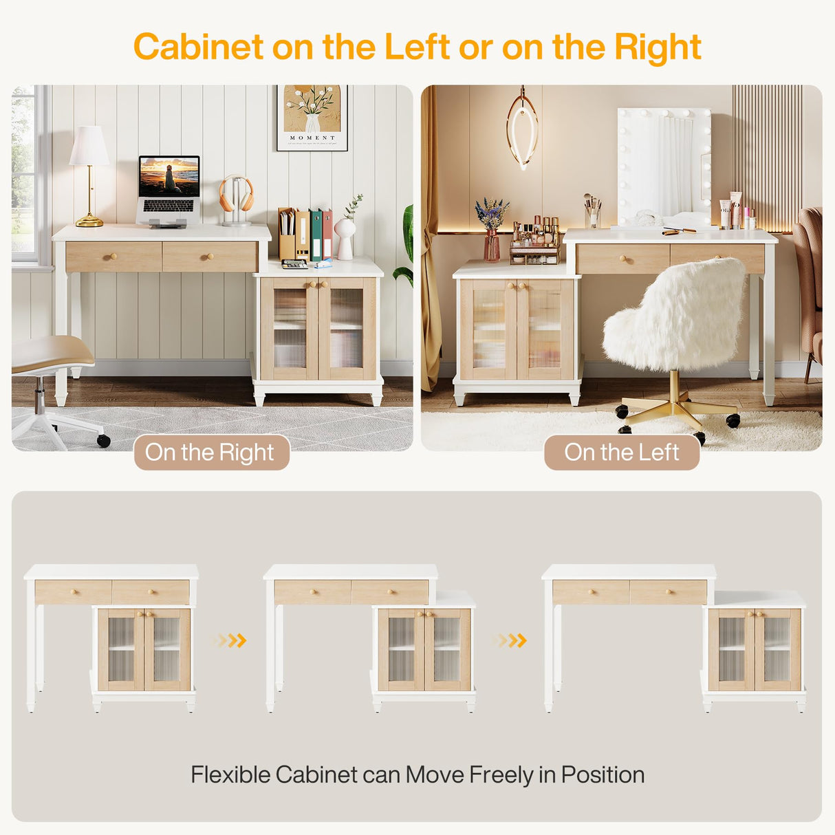 Tribesigns Office Desk with Storage, Reversible Computer Desk with Drawers and Printer Space, Modern Study Writing Table Workstation for Home Office, Bedroom (White + Light Walnut) Tribesigns