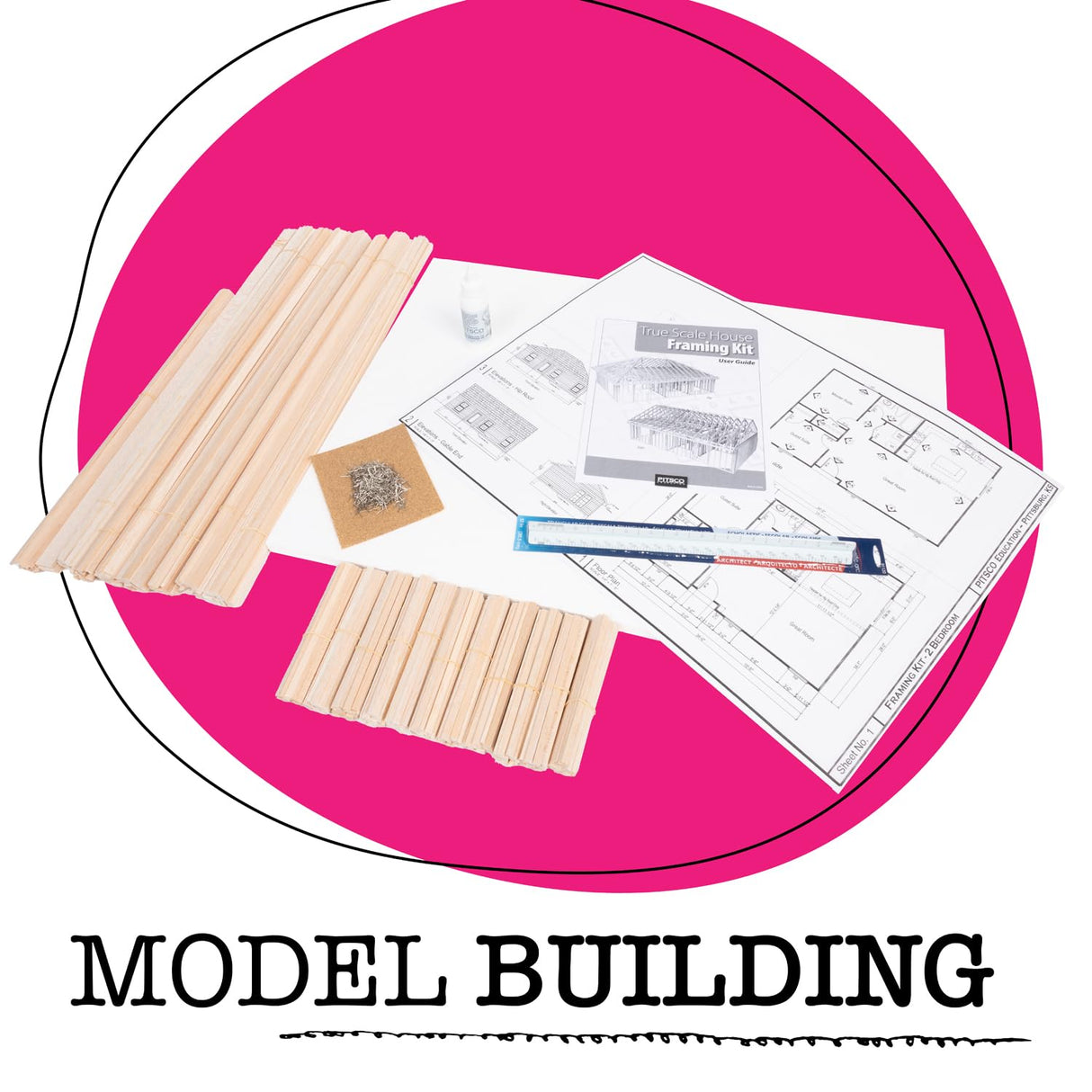 Pitsco Education True Scale House Framing Kit, Balsa Wood Model Home with Standard Two-Bedroom Layout and Truss or Hipped Roof, Dimensioned Lumber, DIY Model House Kit for Ages 14 and up Pitsco Education