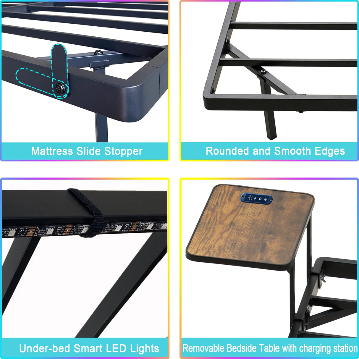 Bigu Floating Bed Frame King with Bedside Tables, Charging Station and LED Lights Metal Platform, Black Bigu