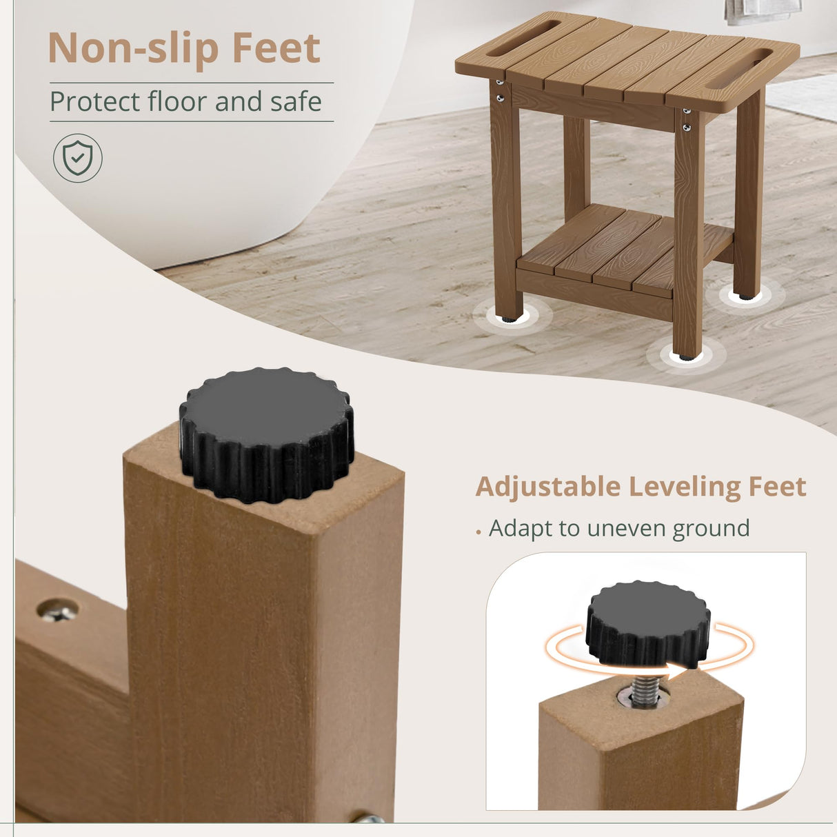 LUE BONA HDPS Shower Bench Seat with Shelf, Brown Shower Stool for Inside Shower Waterproof, Bath Shower Stool Chair for Spa Bathroom, Weather Resistant/Non-Slip/Handles/Indoor or Outdoor Us LUE BONA