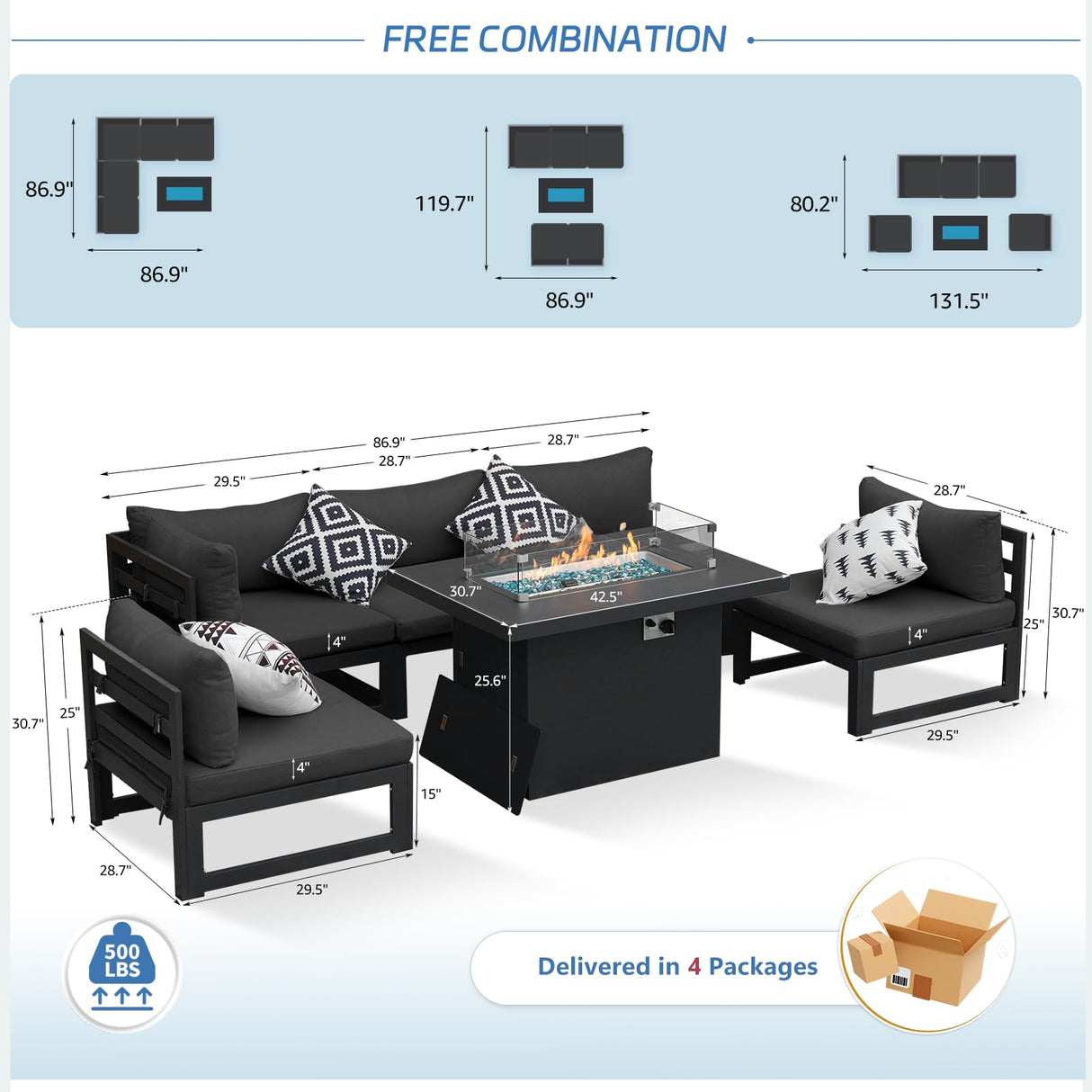 NICESOUL 5 Seat Oversized Modern Aluminum Patio Furniture Set, All Weather Rust Proof Modular Sectional Sofa with Fire Pit Table, 500 lbs Heavy Duty Comfortable Outdoor Couch for Backyard, Dark Gray NICESOUL