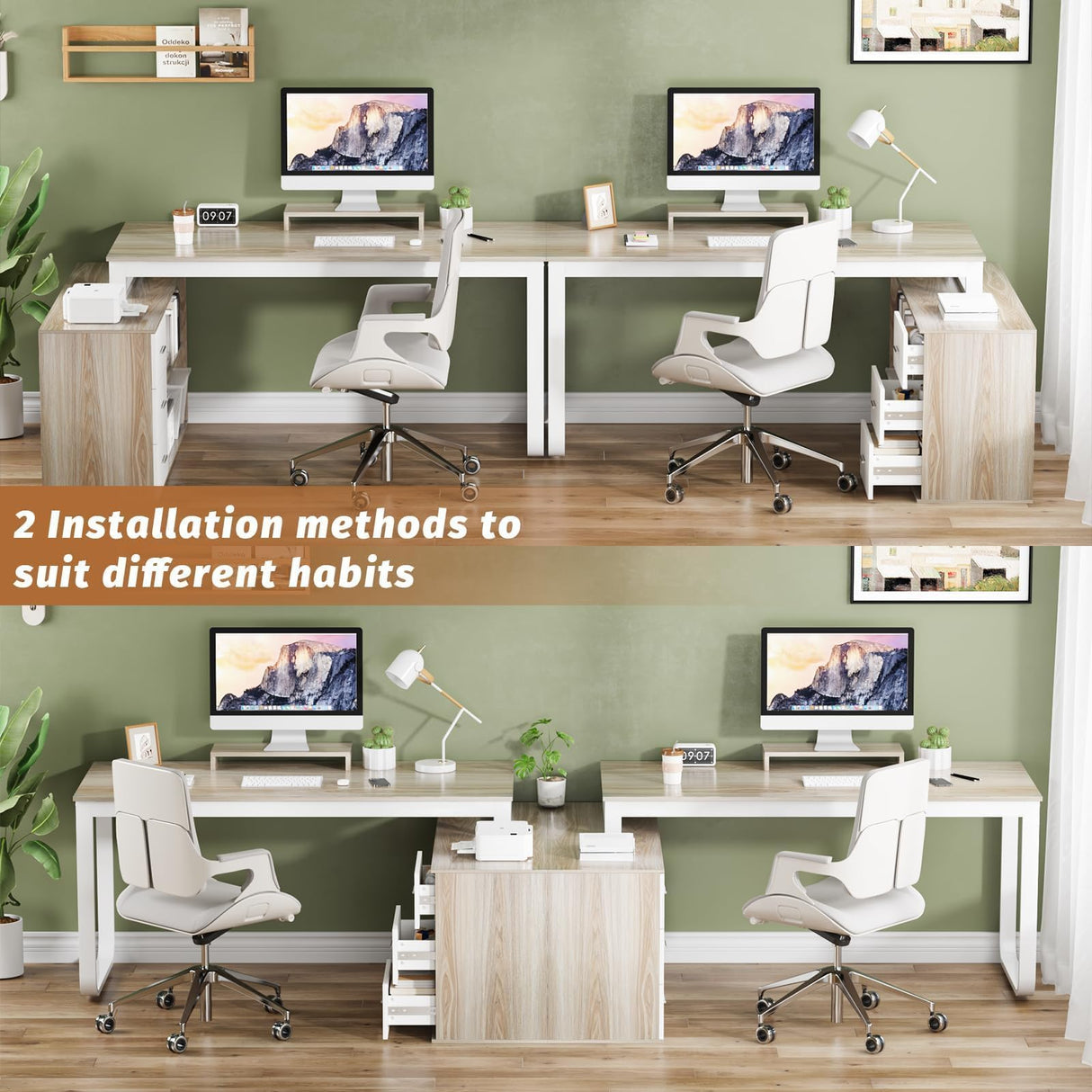 HOMBCK L Shaped Desk with Drawers and Shelves, 55" Craft Desk with Storage, Removable Monitor Stand, Reversible L Shaped Desk, Corner Desk for Bedroom,Home Office, Walnut and White HOMBCK