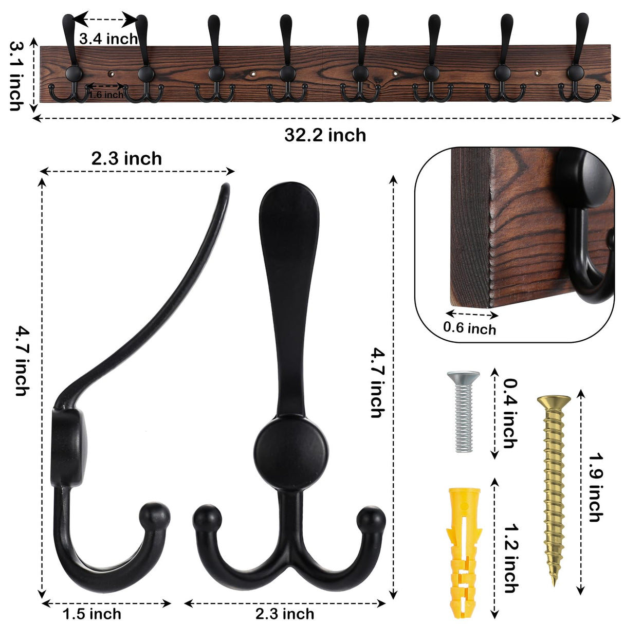 Kuhome 32.2'' Large Coat Rack Wall Mount Coat Hooks Coat Hanger with 8 Metal Black Triple- Hooks Brown Pine Real Wood Plank Hat Rack for Wall Hooks for Hanging Coat Hat Jacket Kuhome