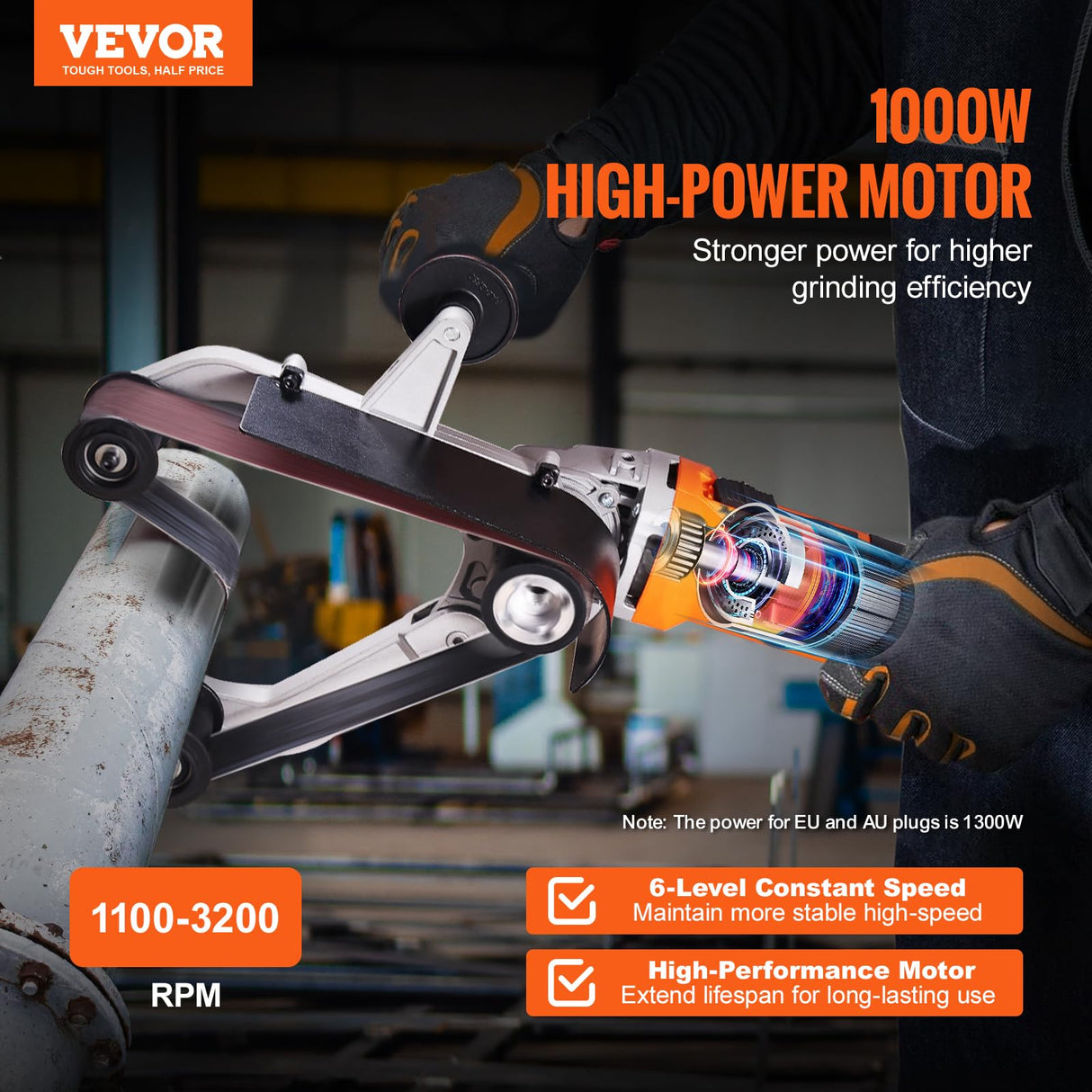 VEVOR Pipe Tube Polisher Sander, 1000W Pipe Belt Sander with 6 Variable Speeds 1100-3200rpm, Professional Belt Sander Grinding Machine with 3PCS VEVOR