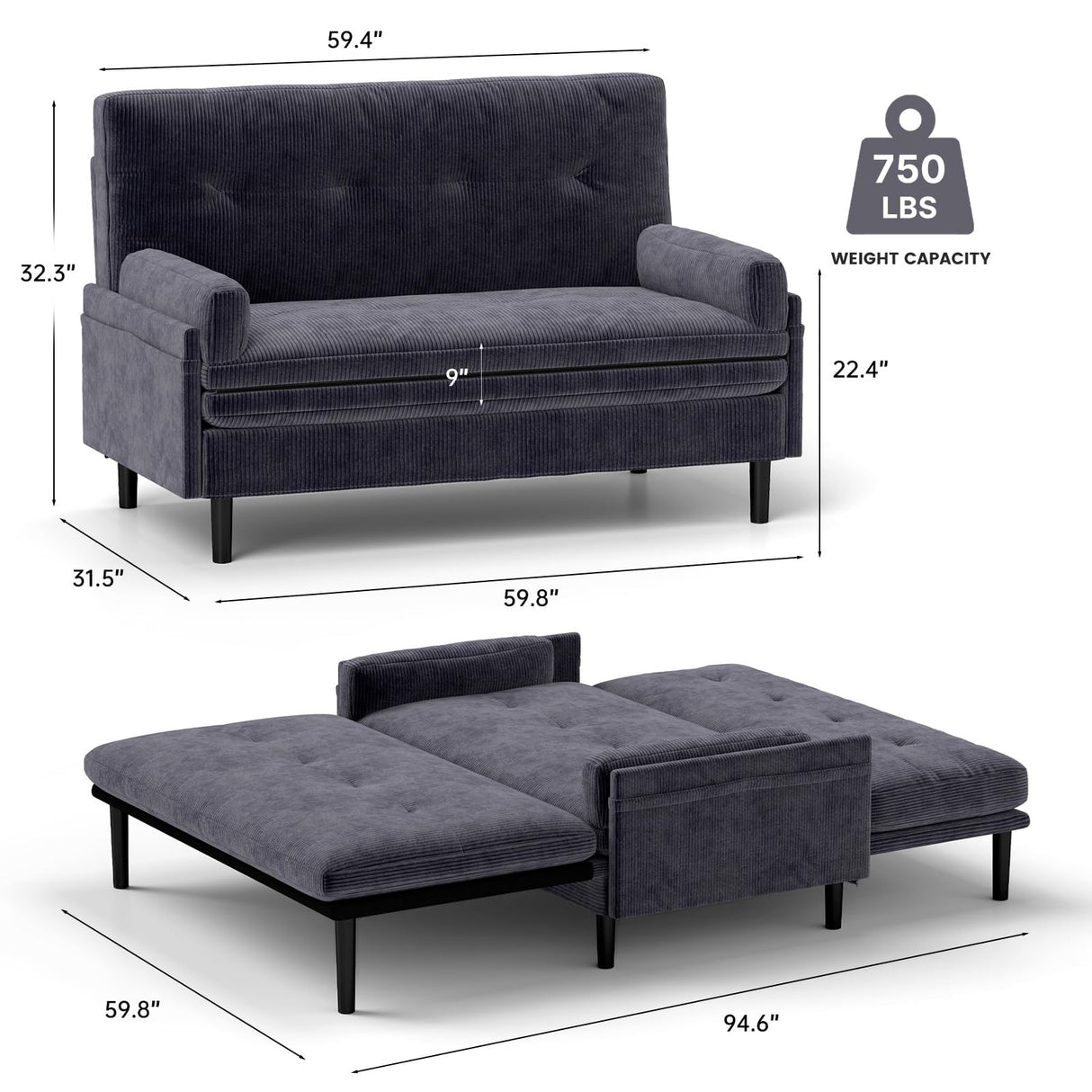 homeokay Convertible Queen Sleeper Sofa Bed Couch, with Pull-Out Feature, 5 Adjustable Backrest Positions, Removable Armrests, Ottoman, and Storage for Living Room(Gray) homeokay