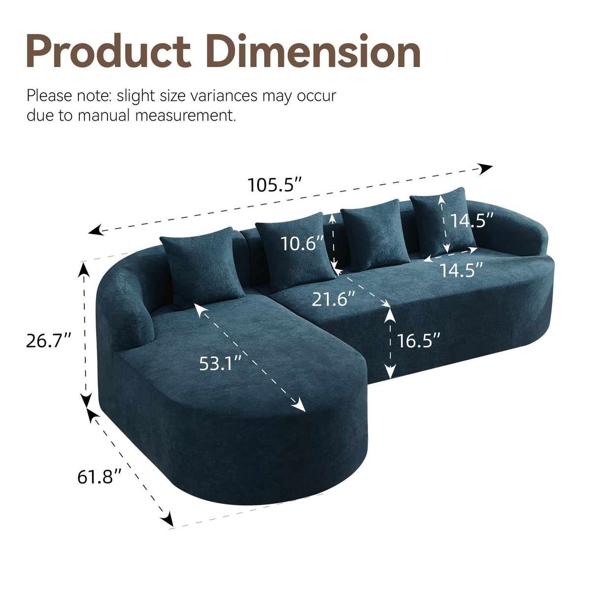104.3" Boneless Curved Couch, l Shaped 4-Seater Cloud Couch with Deep Seat Chaise, Oversized Curved Sofa, Chenille Modular Sectional Couches for Living Room, No Assembly, Blue Abbrevi