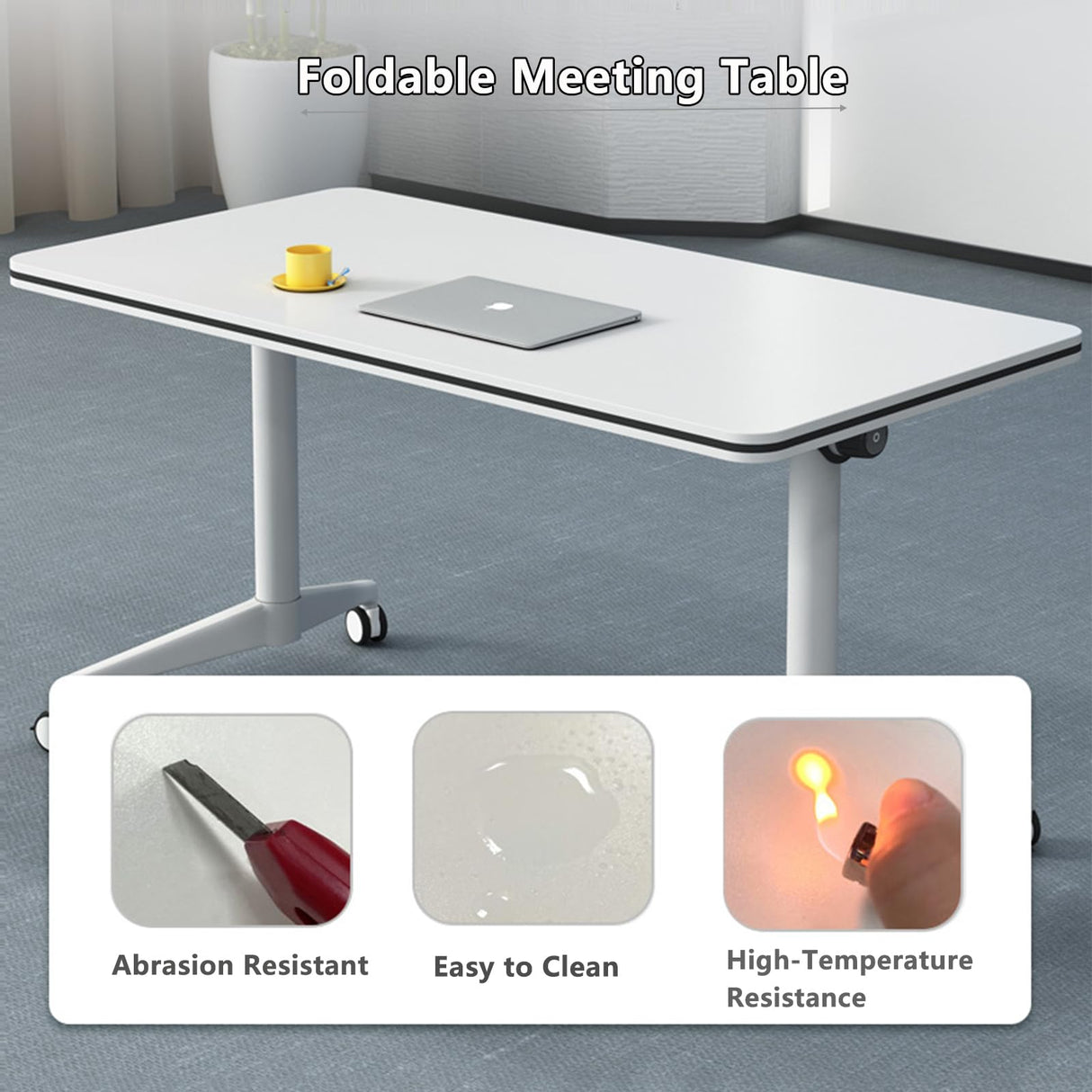 Ptosziav Conference Room Table Set of 4, Folding Conference Table Flip Top Mobile Training Table, Office Foldable Meeting Table Seminar Table Conference Room Tables with Wheels (140x60x75cm) Ptosziav