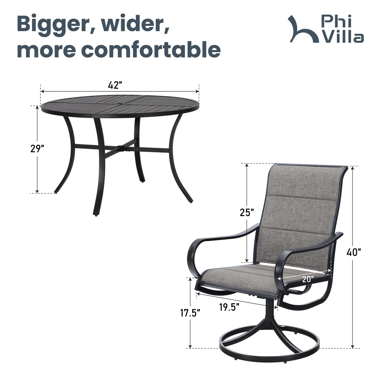 PHI VILLA Outdoor Patio Dining Set 5 Piece with 4 Padded Swivel Dining Chairs & 1 Large Round Dining Table, Textilene Mesh Fabric Chair and 42" Metal Table for All Weather PHI VILLA