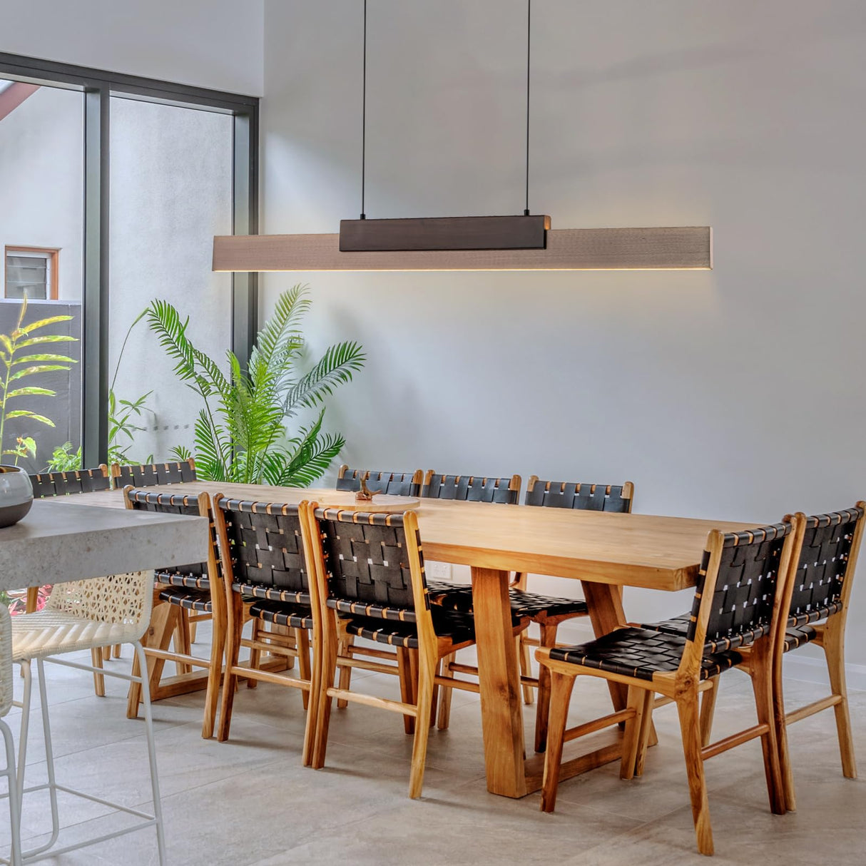 Y'INSP Modern Wooden LED Pendant Light Fixtures 47 Inch Linear Dimmable Pendant Light Height Adjustable Dining Room Light 35W Walnut Color Linear Chandelier for Kitchen Island Y'INSP