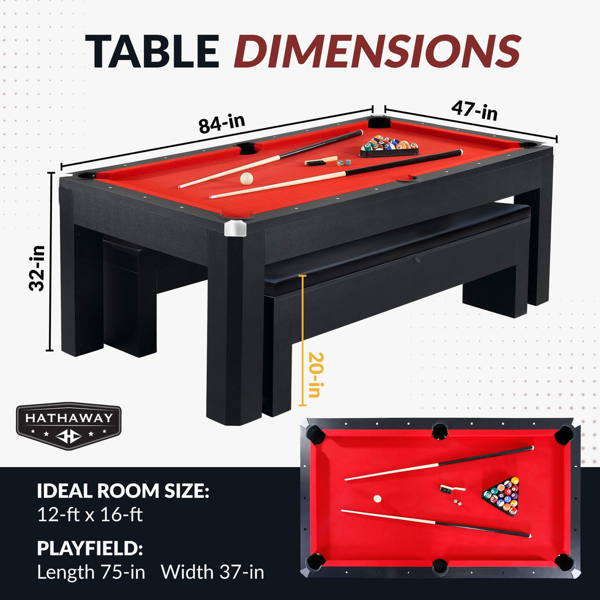 Hathaway Park Avenue 7 Ft Multi Game Pool Table Combo with Dining Top and Ping Pong – Includes Set of Benches for Home Storage and Accessories – Red & Black Finish Hathaway