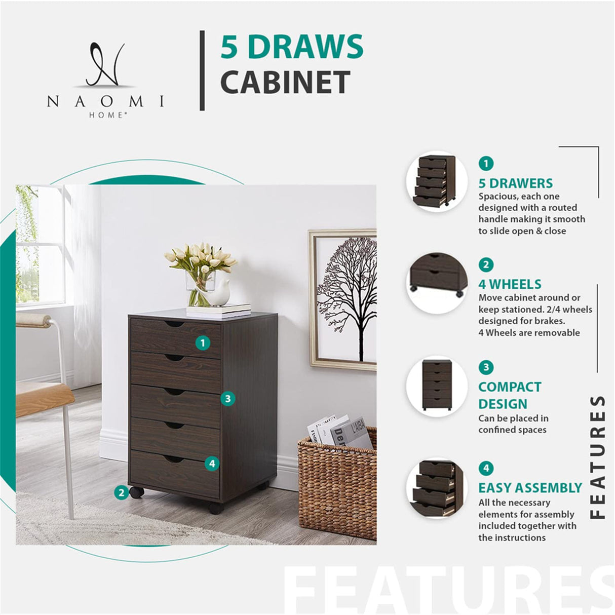 Naomi Home Office File Cabinets Wooden File Cabinets for Home Office Lateral File Cabinet Wood File Cabinet Mobile File Cabinet Mobile Storage Cabinet Filing Storage Drawer White/5 Drawer Naomi Home