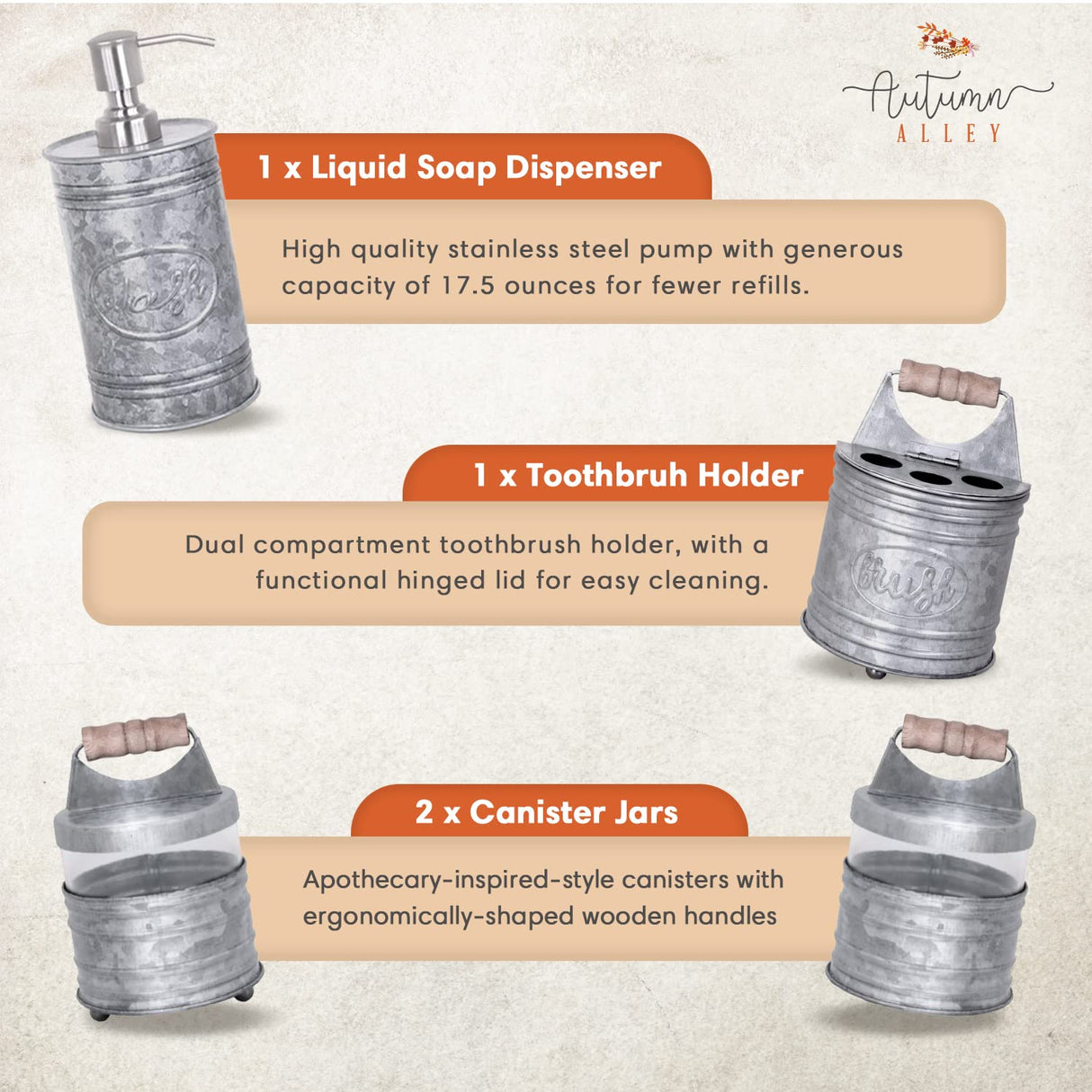 Autumn Alley Rustic Bathroom Accessories Set 4 - Galvanized Soap Dispenser, Rustic Toothbrush Holder, 2 Apothecary Jars Qtip Holder - Rustic Bathroom Decor – Farmhouse Bathroom Accessories Autumn Alley