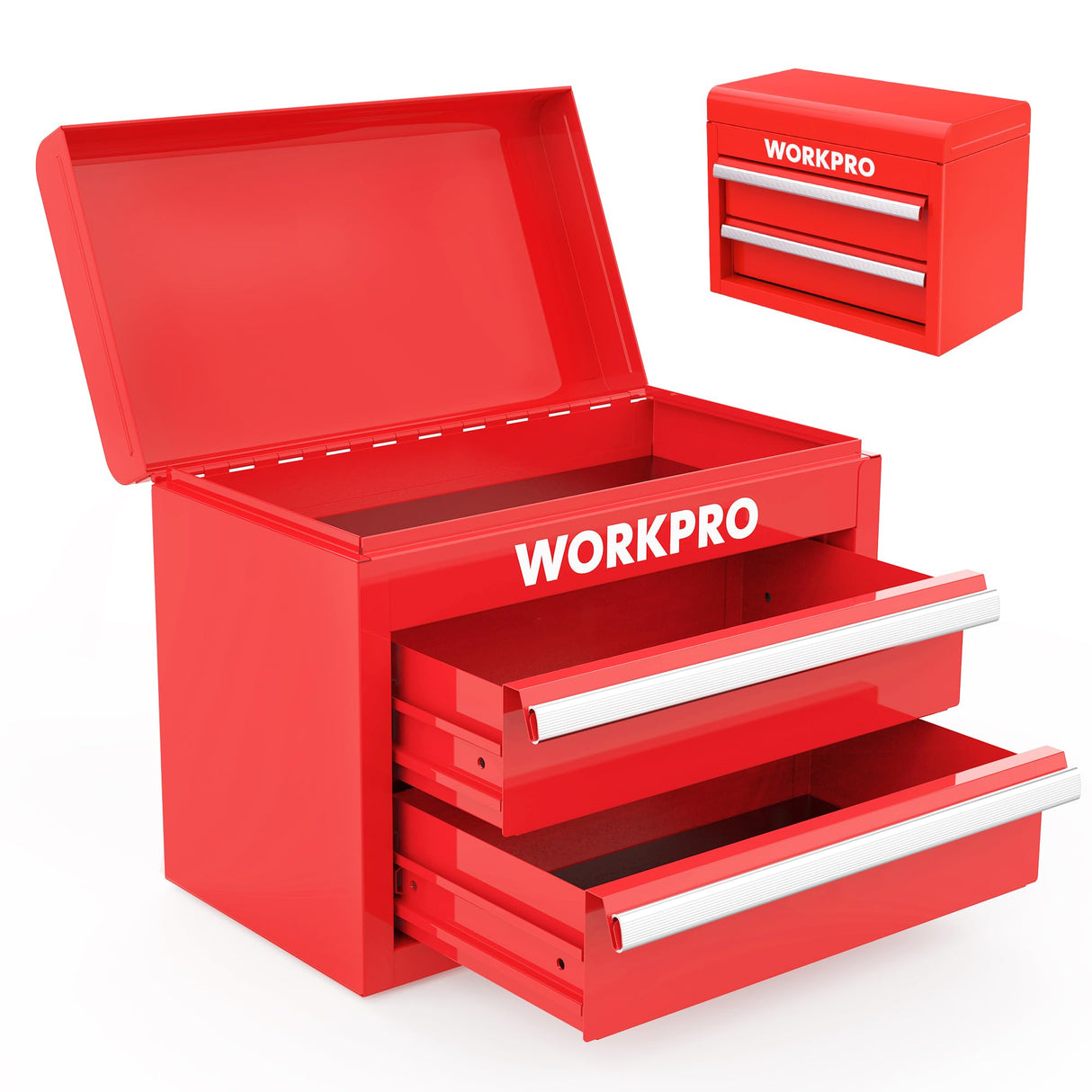 WORKPRO Mini Metal Tool Box with 2 Drawers and Top Storage, Small Tool Chest with PVC Liners and PP Feet Pads, Cold Rolled Steel Toolbox with Magnetic Tab WORKPRO