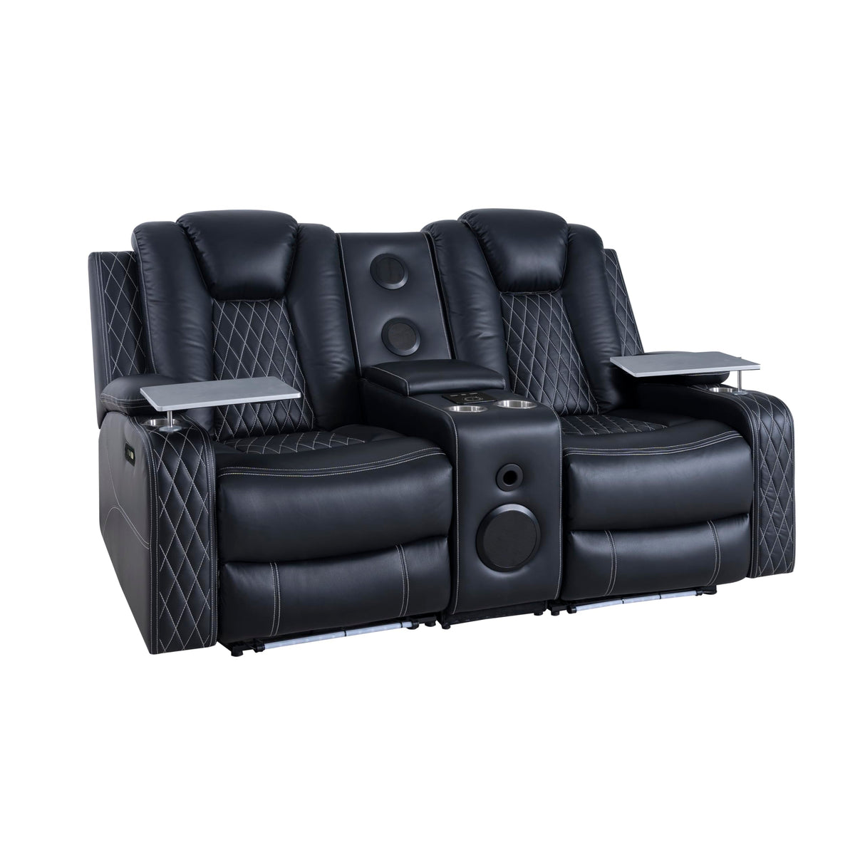 Home Theater Seating, Gaming Chairs for Adults, Wireless Charging Movie Theater Chairs, Power Recline Loveseat with 6 Cup Holders and Tray, Powerful in-Built Speaker, USB Ports, Air Leather – Black Naomi Home