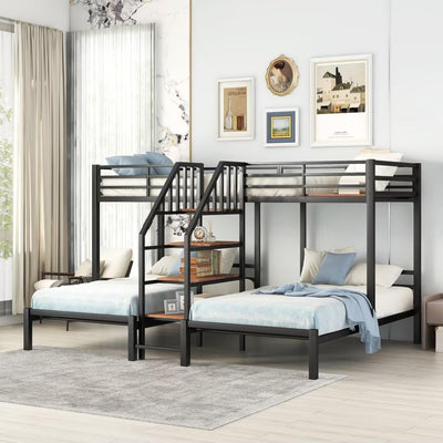 JIJIWANG Twin Triple Bunk Bed for 3 Kids, Metal L-Shaped Bunk Bed Frame with Staircase, No Box Spring Needed, Black