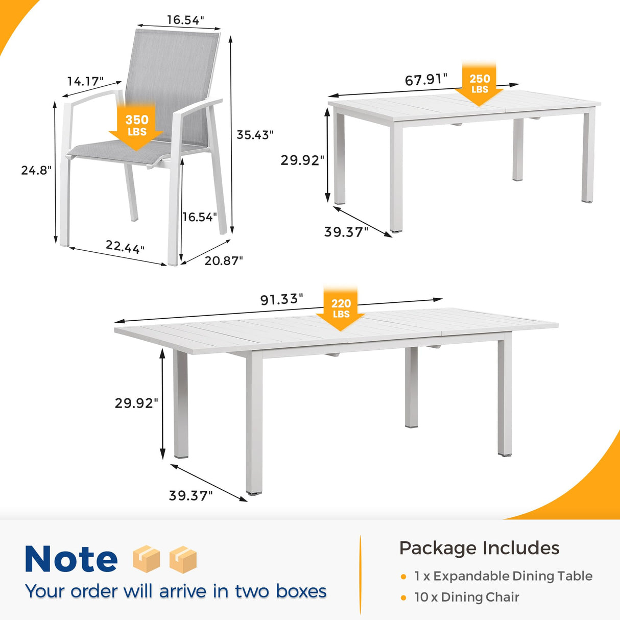 11-Piece Aluminum Outdoor Patio Dining Sets with Fully Assembled Dining Chair,91.3"L×39.4"W Expandable Patio Table and Chairs Set for 10, Stackable Chairs with Quick-Drying Fabric for Outdoor, White Wisteria Lane