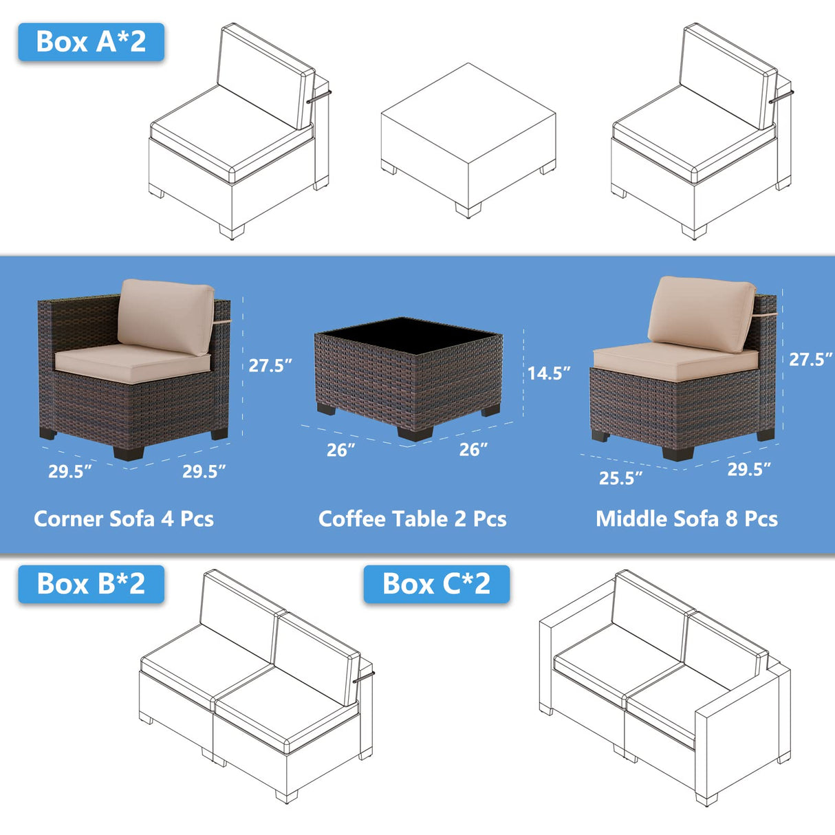 ASJMR Outdoor Patio Furniture Set, 14 Pieces Outdoor Sectional Furniture Patio Sofa, All-Weather PE Rattan Patio Conversation Set with Tempered Glass Top Table & Cushions(Brown). ASJMR
