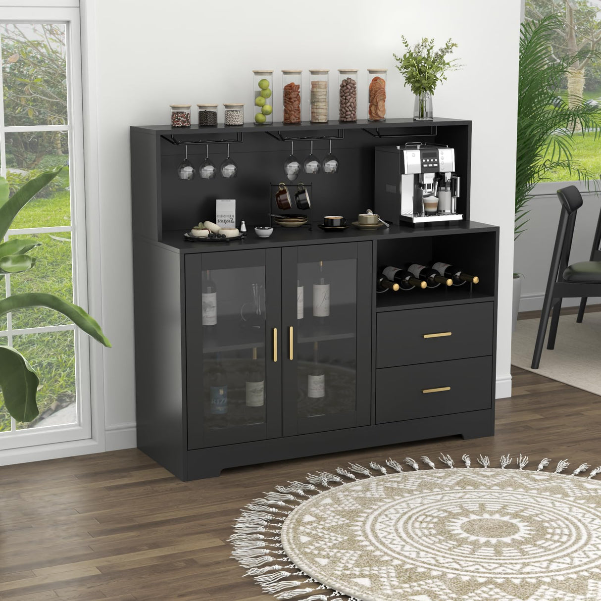 Auromie Wine Bar Cabinet with LED Light, Home Coffee Cabinet with Wine and Glass Rack, Kitchen Buffet Sideboard with Storage Cabinet&Drawers, Modern Liquor Cabinet for Living Room Dining Room (Black) Auromie