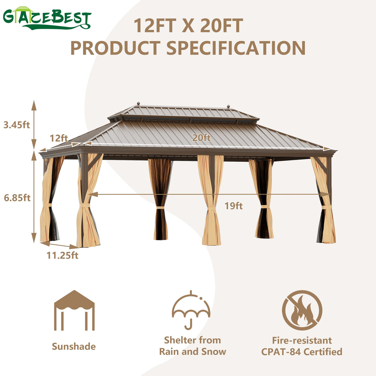 GAZEBEST 12' X 20' Permanent Hardtop Gazebo, Outdoor Galvanized Steel Double Roof Pavilion Pergola Canopy with Aluminum Frame and Privacy Curtains GAZEBEST
