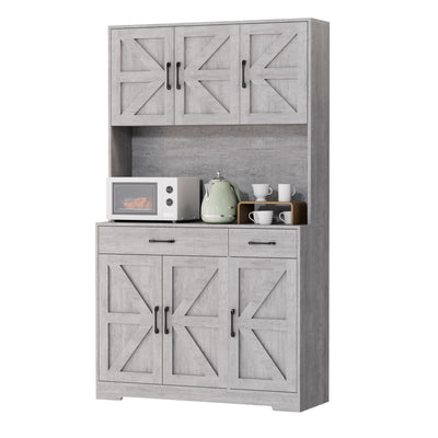 Azaeahom 71" Pantry Cabinet with Charging Station, Kitchen Storage Cabinet with Microwave Stand, 8-Zone Organization, 2 Smooth-Glide Drawers, Open Countertop for Dining, Kitchen, Living Room (Gray)