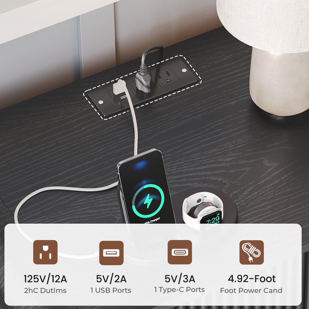 Fluted Nightstands Set of 2 with Charging Station, Black Night Stand with 3 Drawers Dresser, Bedside Table Curved Anti-Collision Design, Modern End Table for Bedroom AOGLLATI