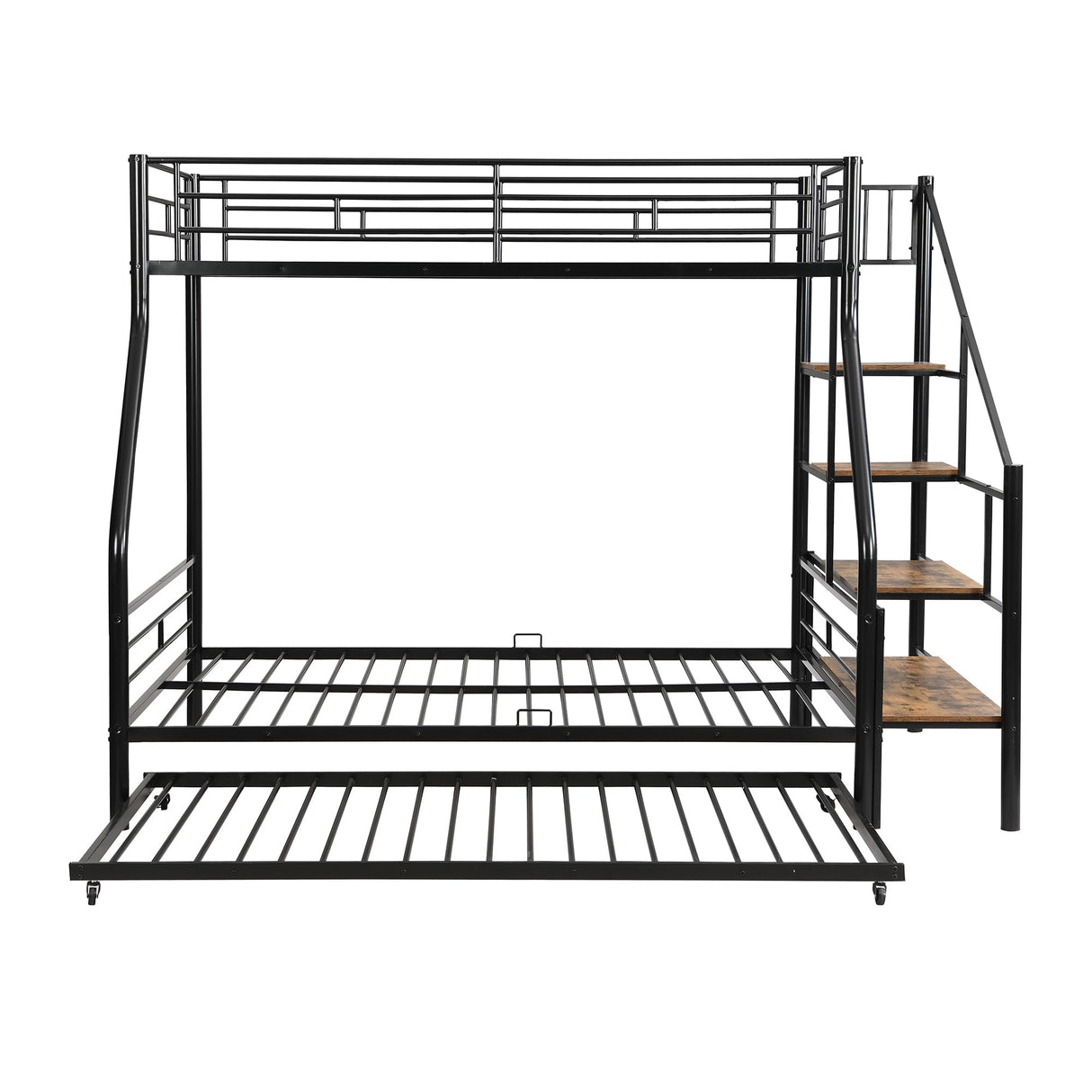 Twin Over Full Metal Bunk Beds with Trundle,Heavy-Duty Metal Bunk Bed Frame with Storage Staircase for Kids,Teens,Adults,Space-Saving,Black Bellemave