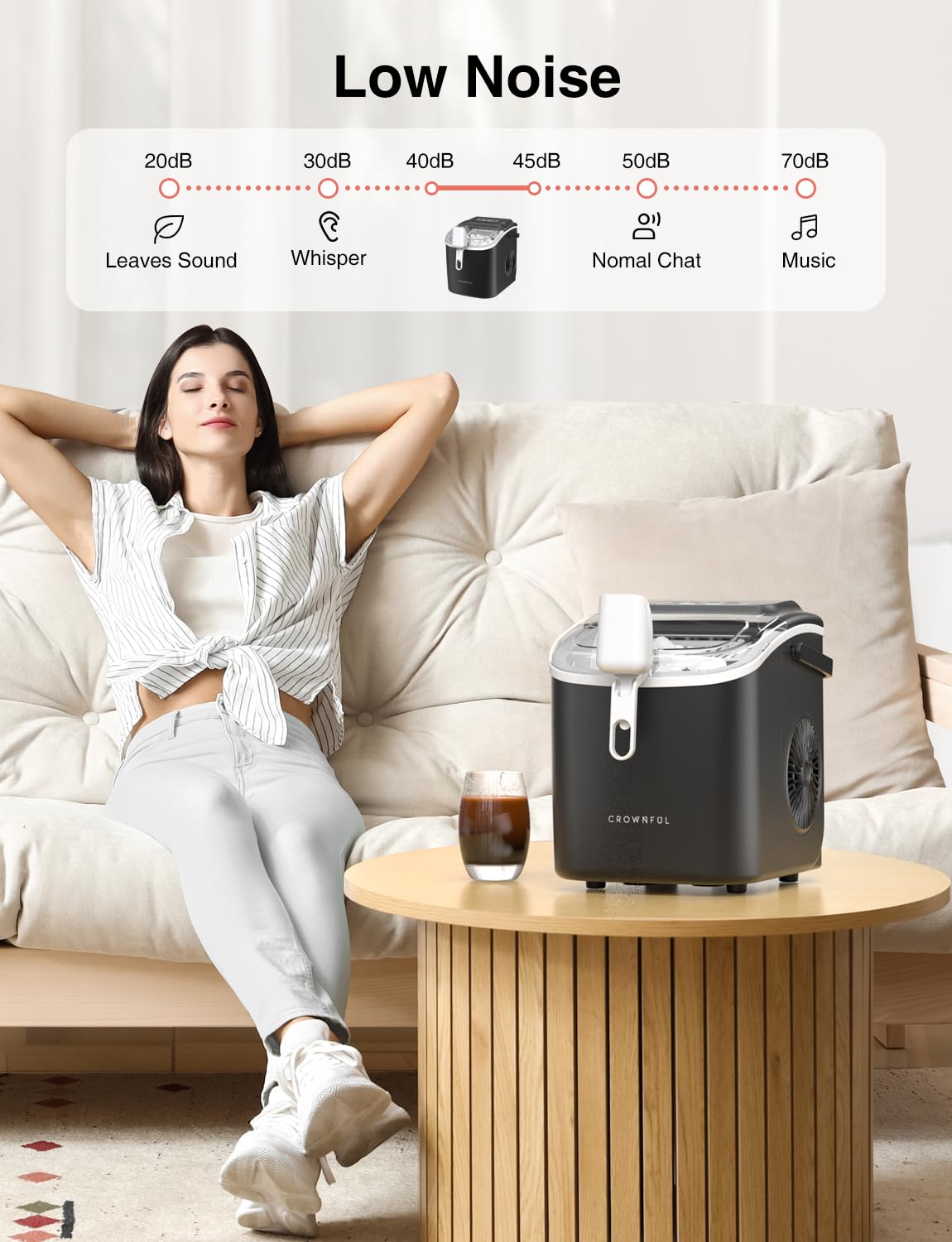 CROWNFUL Ice Maker Countertop, Portable Self-Cleaning Ice Maker Machine with Handle, Scoop and Basket, 9 Bullet Ice Cubes in 6 Mins, 26lbs/24H, Ideal for Home, Kitchen, Office, Bar, Party CROWNFUL