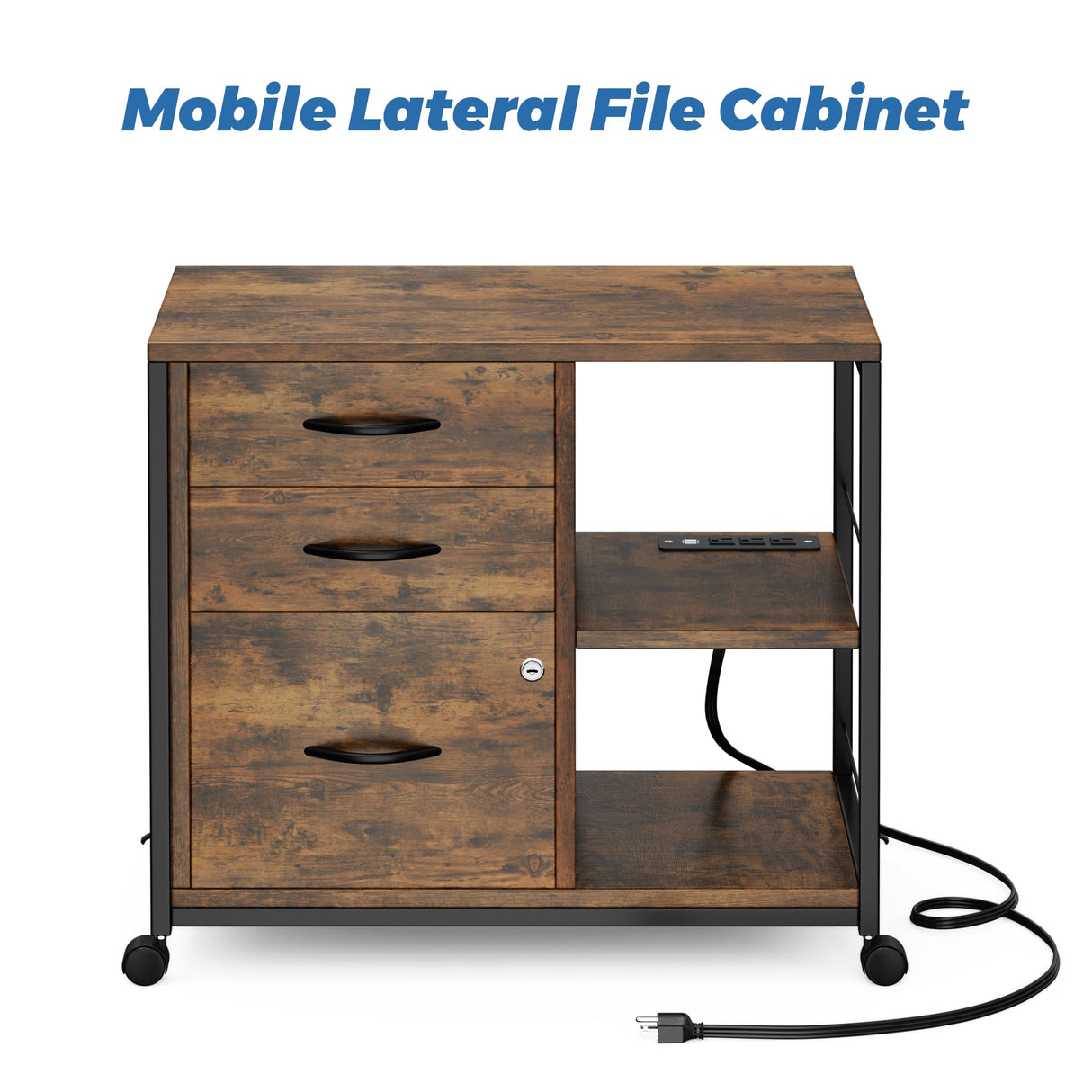 Lulive File Cabinet for Home Office, Filing Cabinet with Lock and USB Charging Port, 3 Drawer File Cabinet, Rolling File Cabinet with Storage for A4, Letter Size, Rustic Lulive