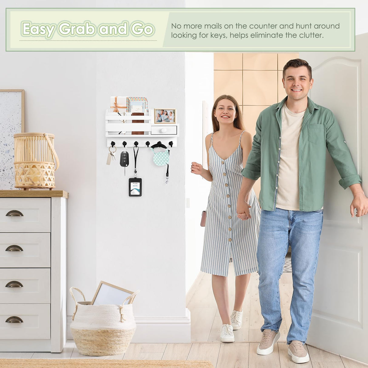 VIS'V Key Holder for Wall, Wooden Key Mail Holder with Drawer Wall Mount Key Organizer Mail Sorter with 6 Key Hooks Key Rack with Shelf for Entryway Doorway Hallway - White VIS'V